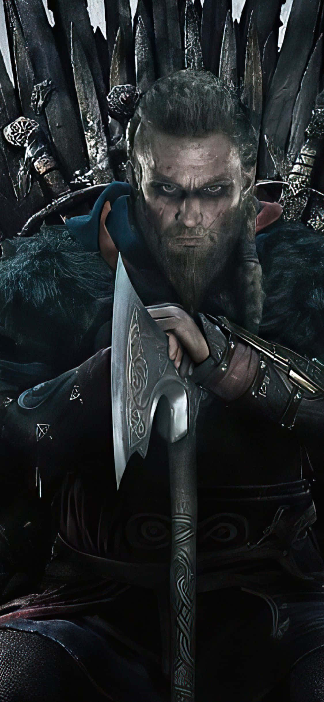 iPhone XS Assassin's Creed Valhalla Eivor Tahtta Otururken Arka Plan Duvar Kağıdı