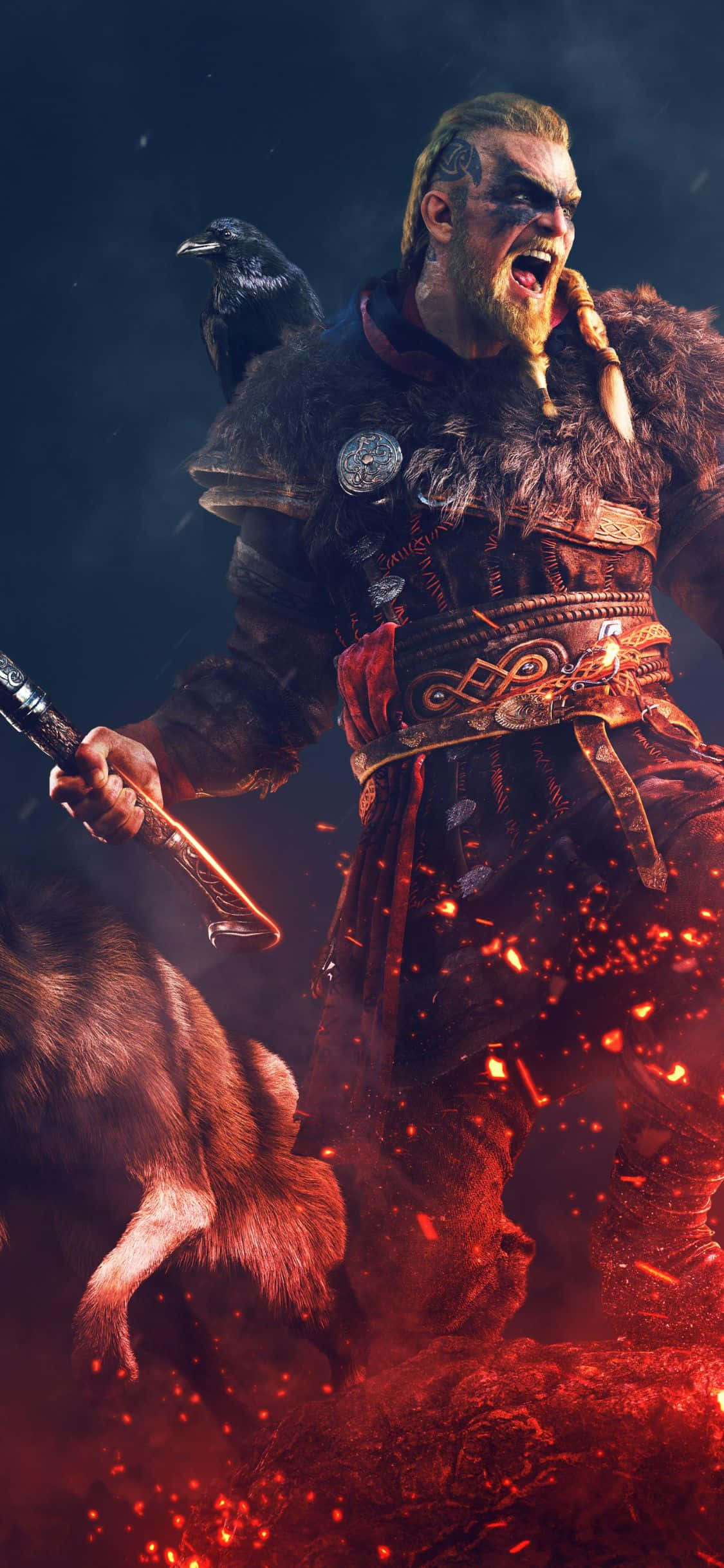 iPhone XS Assassin's Creed Valhalla Ateşle Yüzleşen Eivor Arka Planı Duvar Kağıdı
