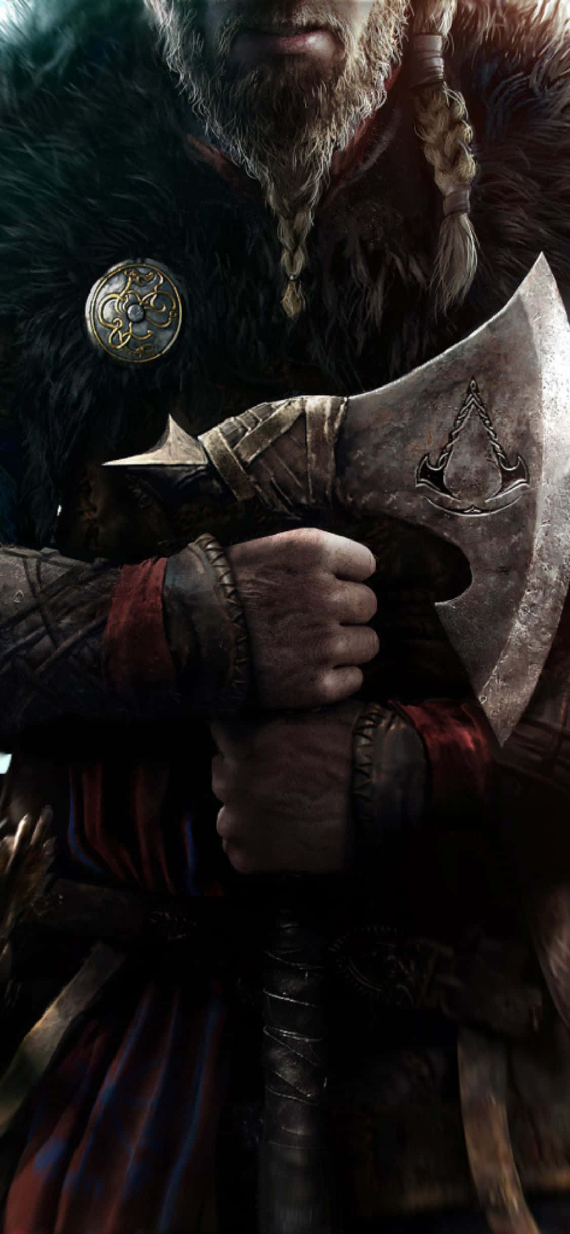 iPhone Xs Assassin's Creed Valhalla Balta Tutan Viking Savaşçısı Arka Planı Duvar Kağıdı
