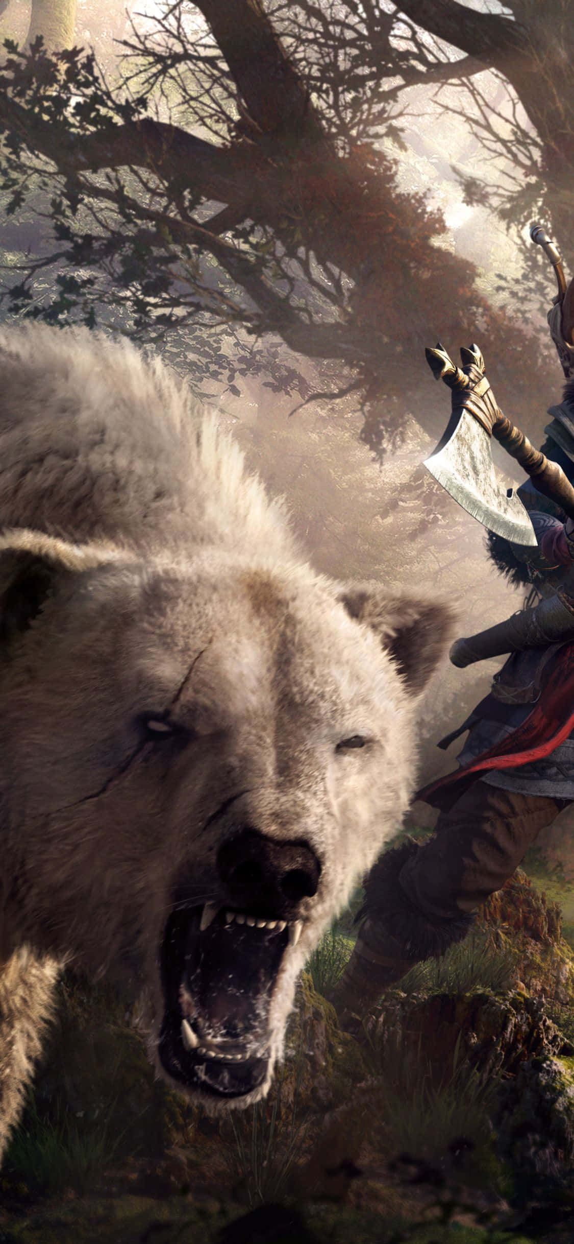iPhone Xs Assassin's Creed Valhalla Kükreyen Beyaz Ayı Arka Planı Duvar Kağıdı