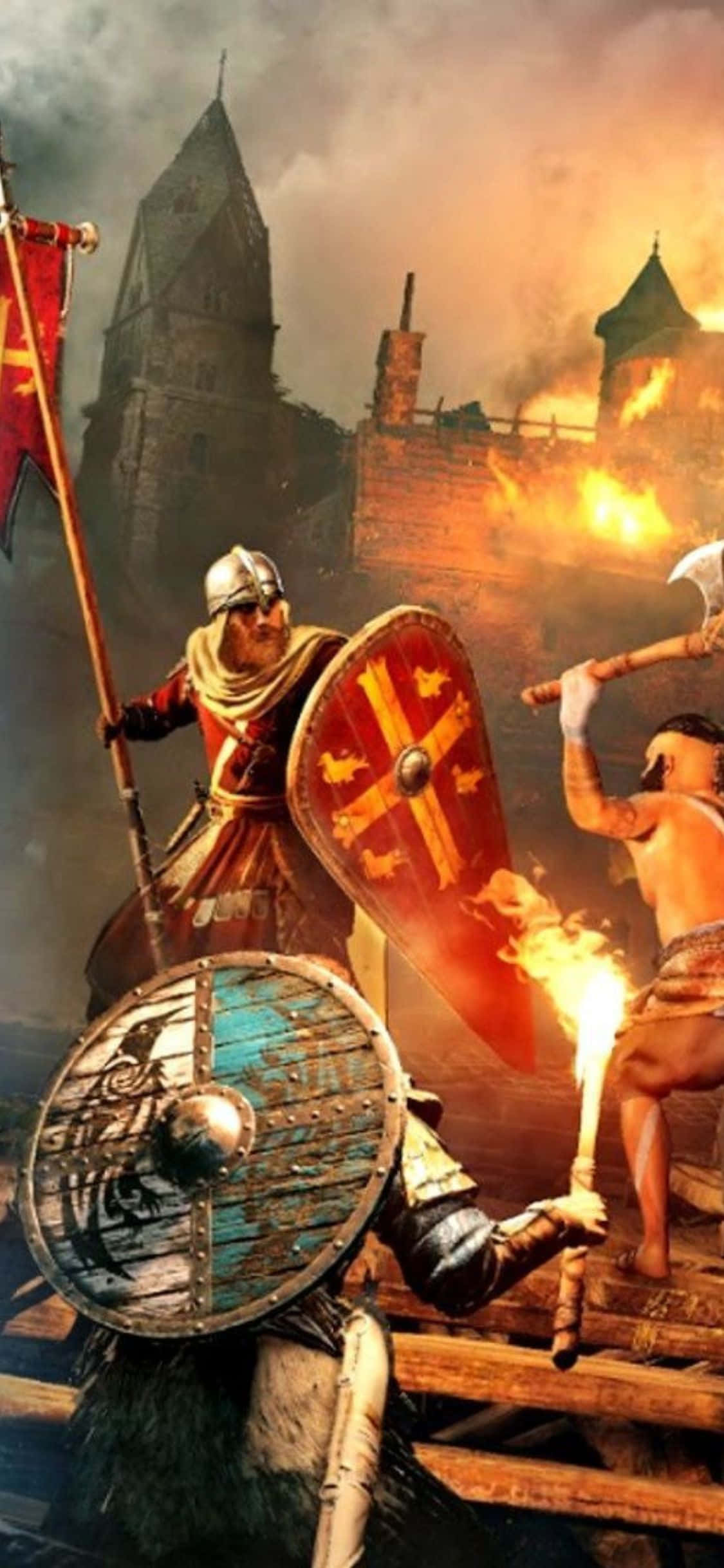 iPhone XS Assassin's Creed Valhalla Savaşan Şövalyeler Arka Plan Duvar Kağıdı