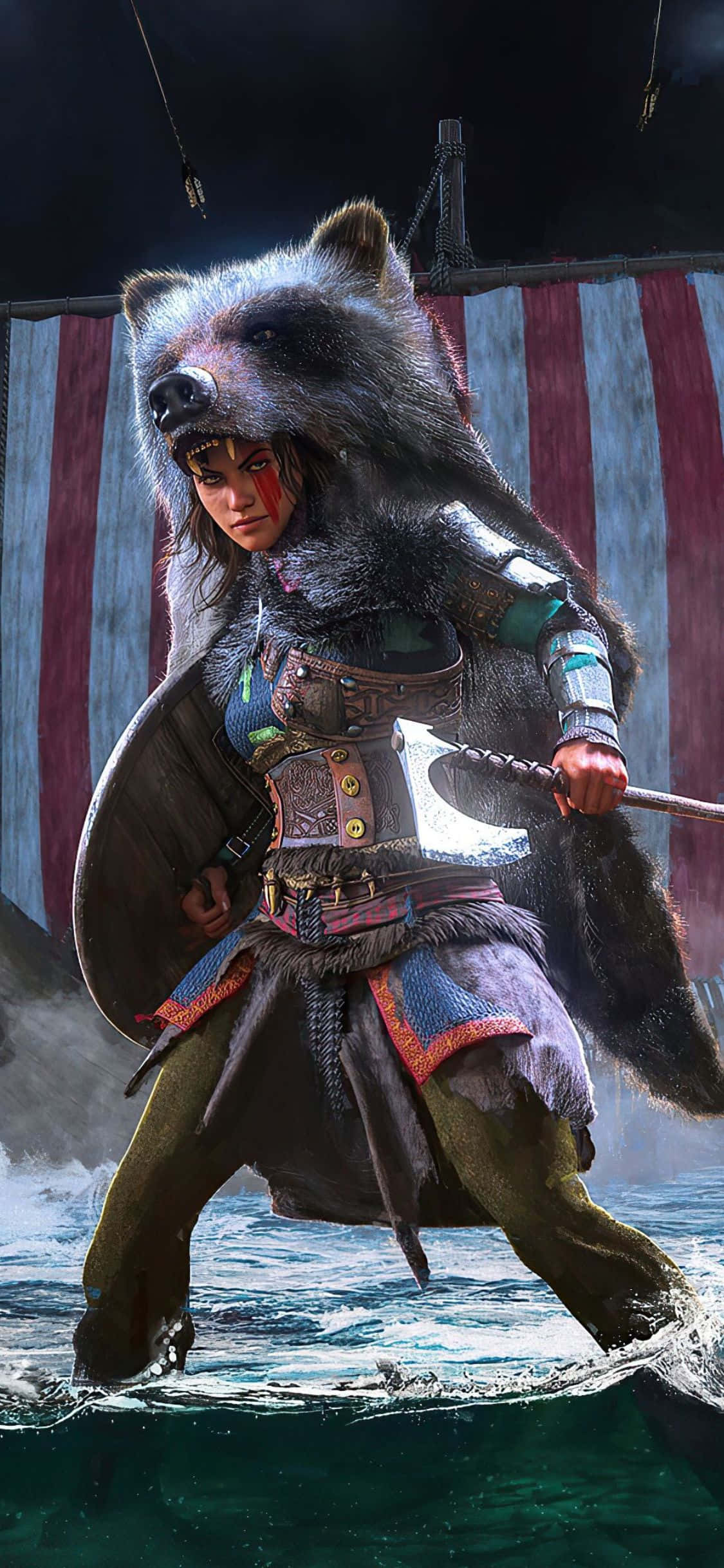 iPhone XS Assassin's Creed Valhalla Viking Kadın Ayı Şapkalı Arka Plan Duvar Kağıdı
