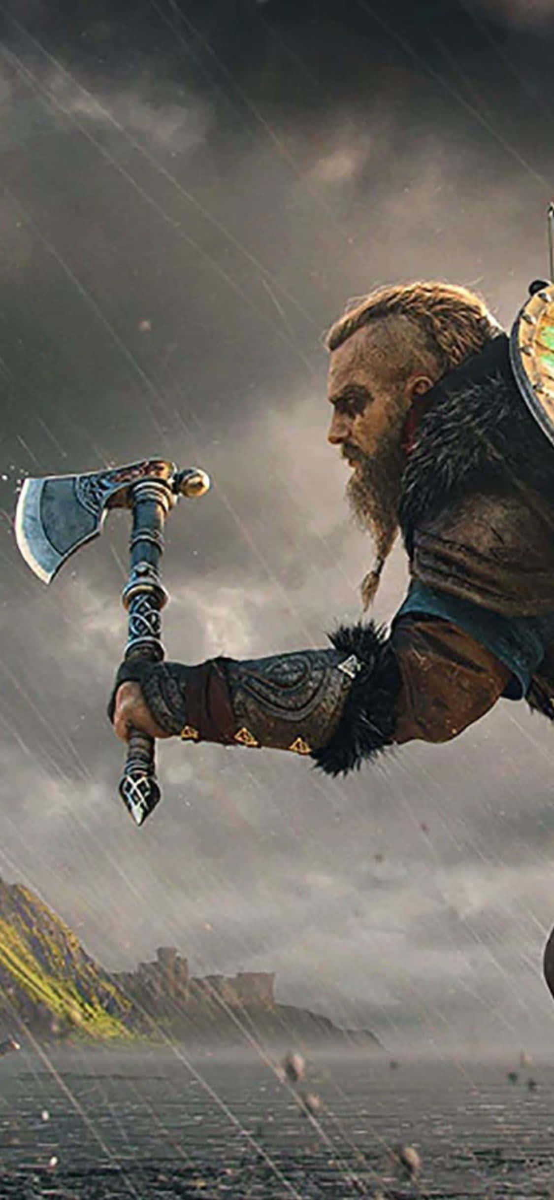 iPhone XS Assassin's Creed Valhalla Yağmurda Viking Savaşçısı Arka Planı Duvar Kağıdı