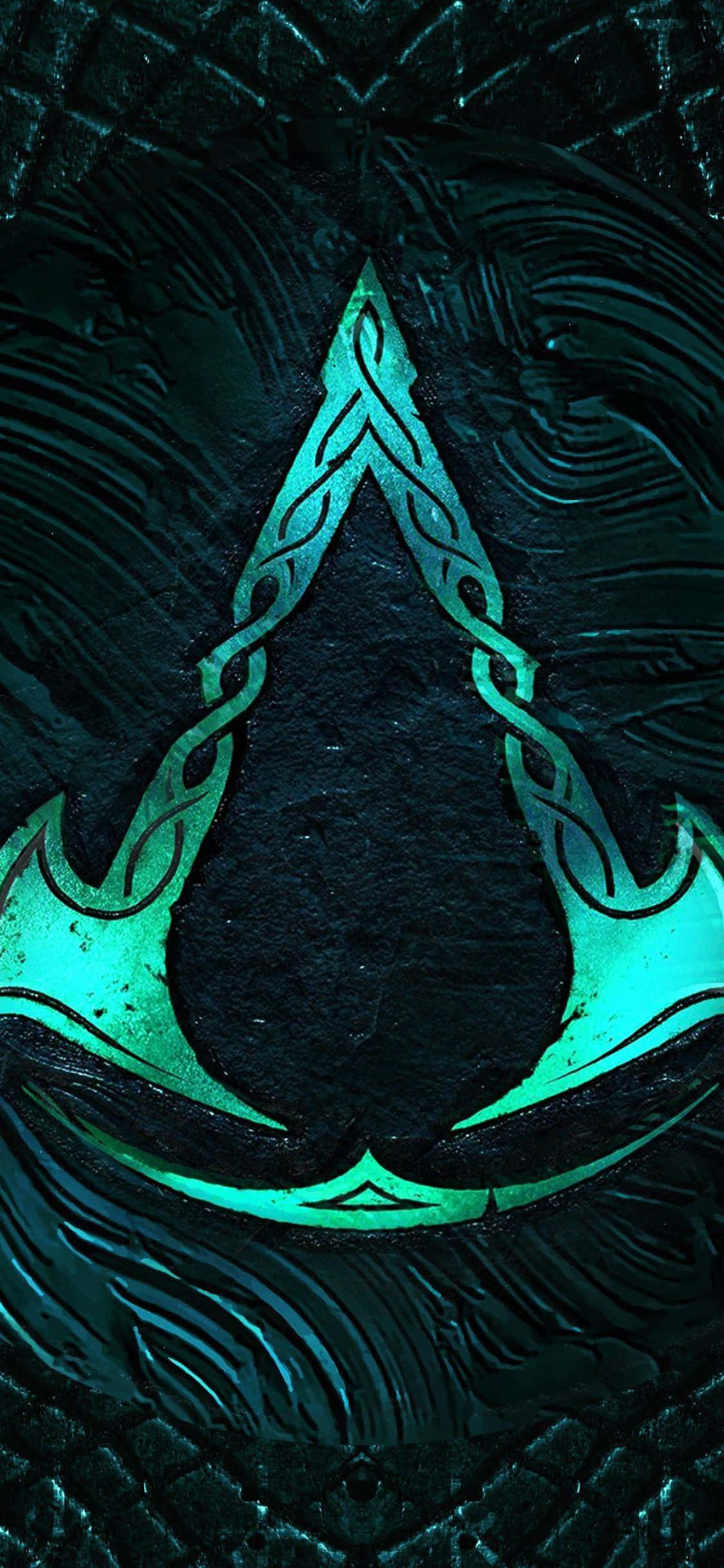iPhone XS Assassin's Creed Valhalla Yeşil Oyun Logosu Baltalardan Yapılmış Arka Plan Duvar Kağıdı