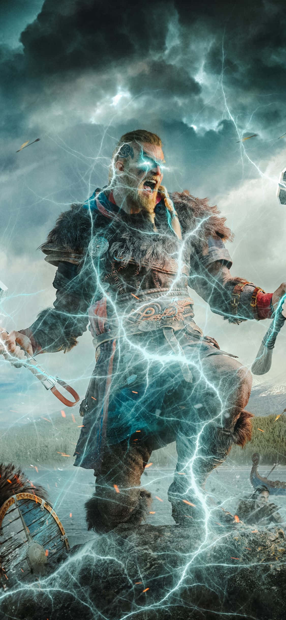 iPhone Xs Assassin's Creed Valhalla Yıldırım Efektli Eivor Arka Planı Duvar Kağıdı