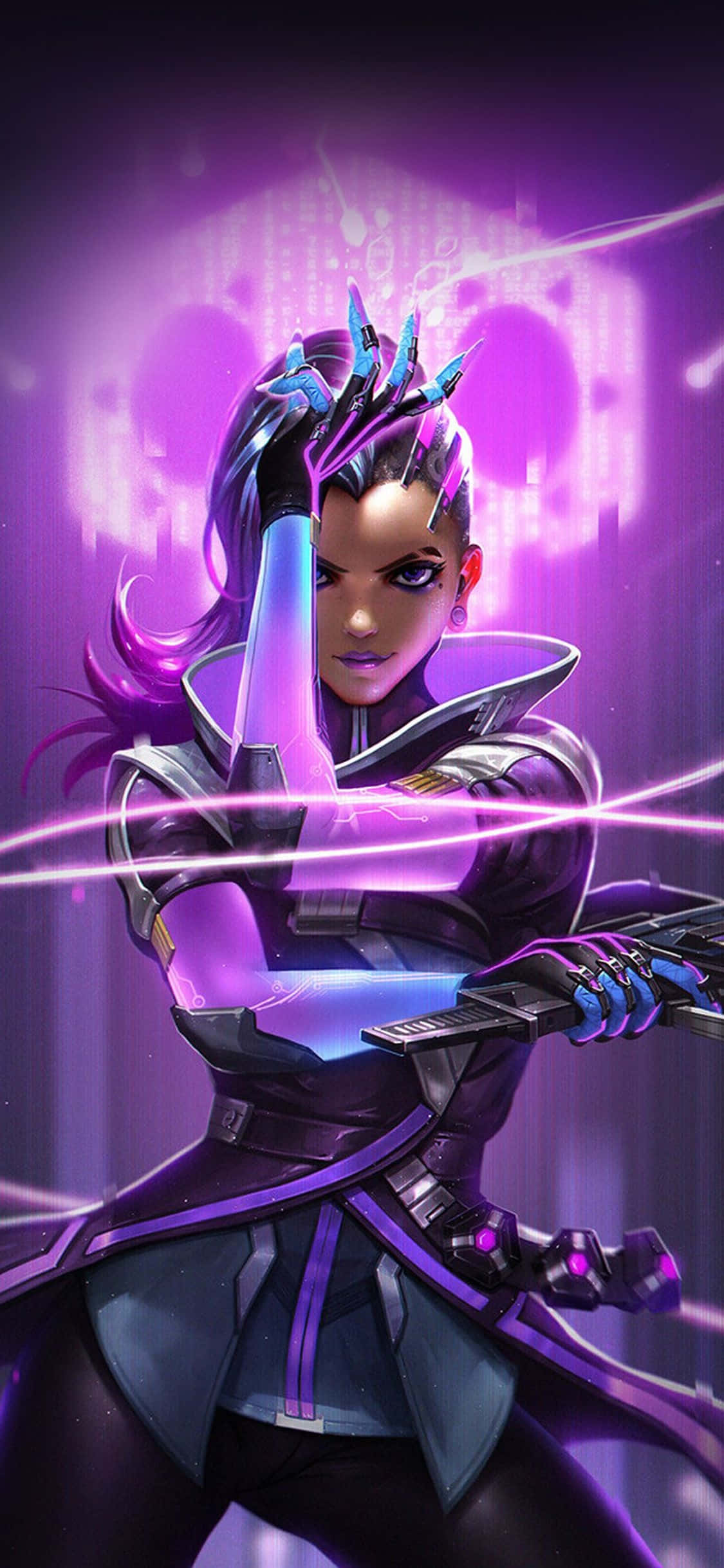 iPhone Xs Max Overwatch Duvar Kağıdı Sombra Mor Neon Işıklar Duvar Kağıdı