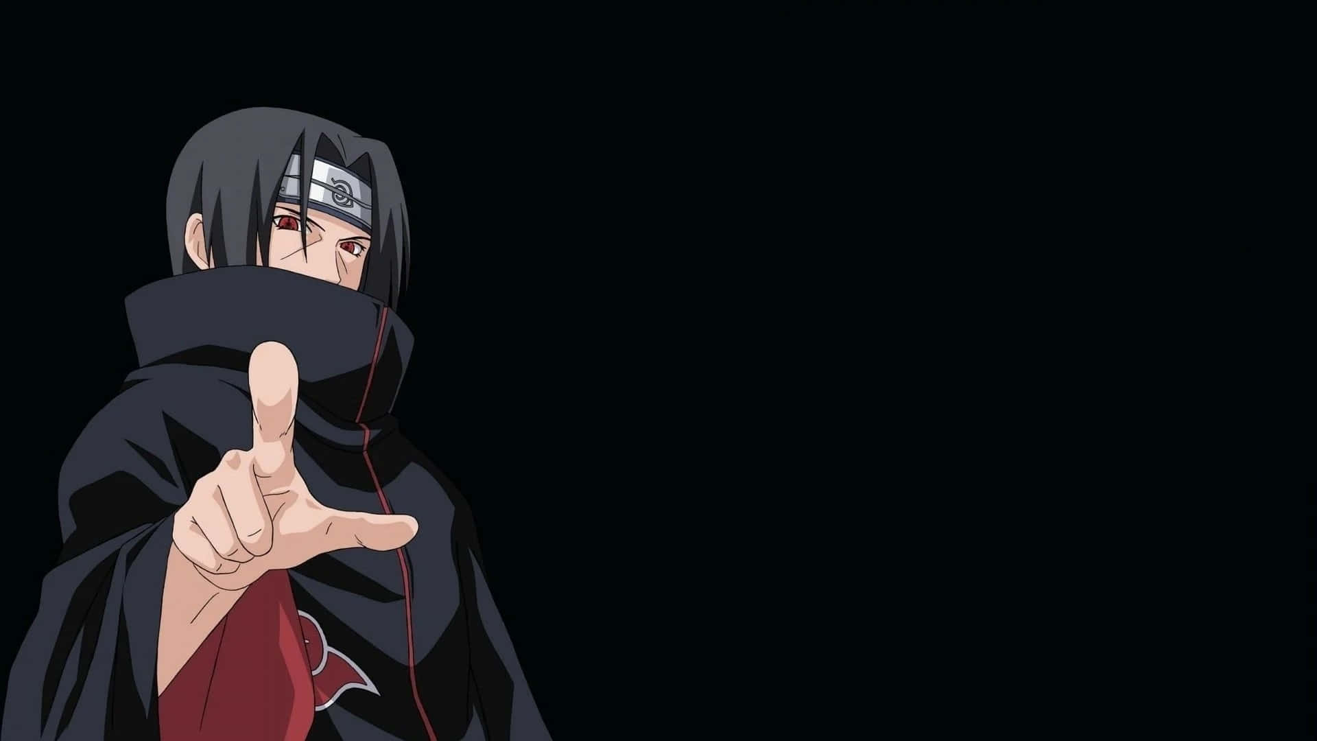 Itachi Estetik Siyah Arkaplanda İşaret Parmağıyla Önünü Gösteriyor Duvar Kağıdı