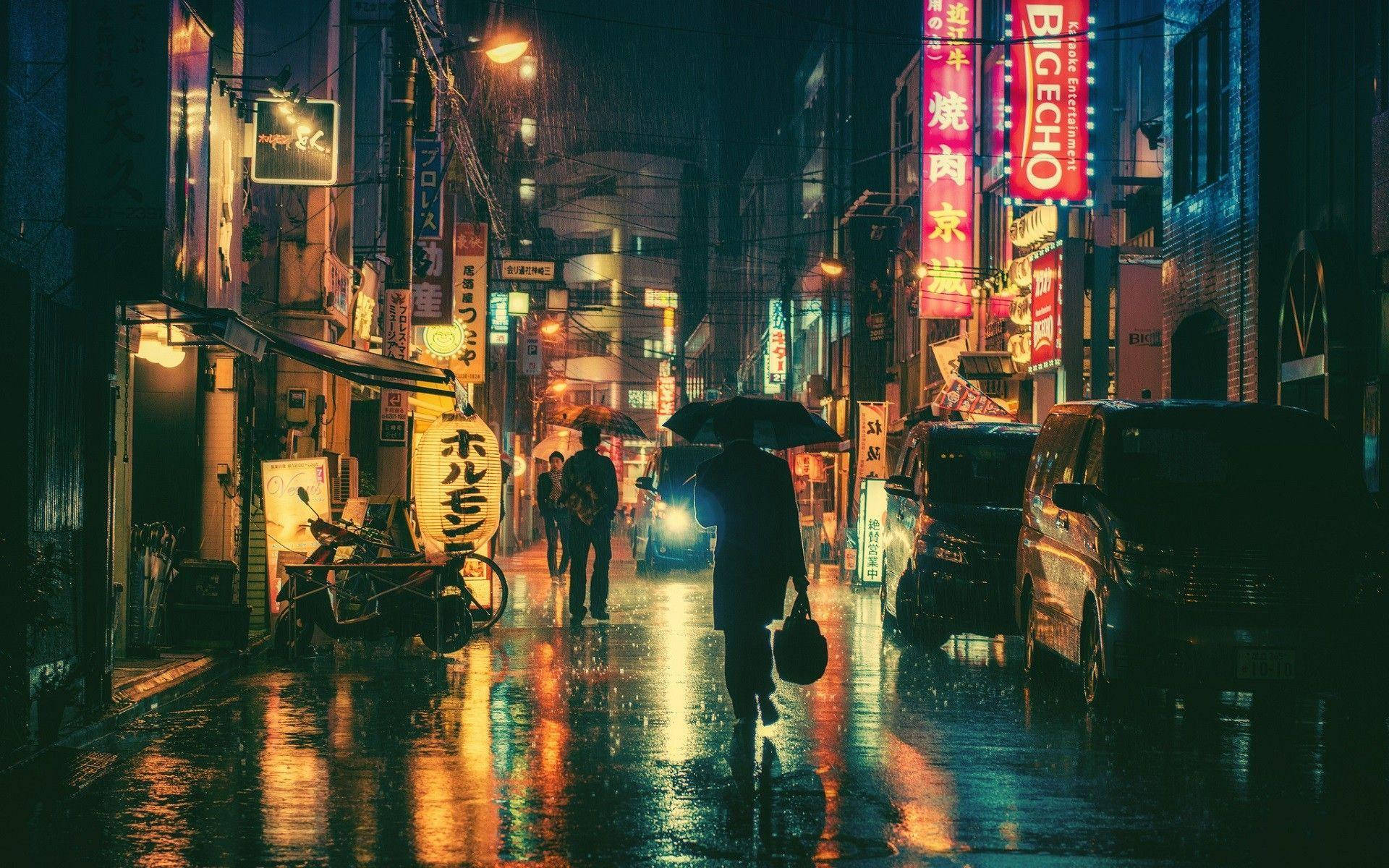 Japon Anime Şehri Reklam Panolarıyla Çekilmiş Duvar Kağıdı