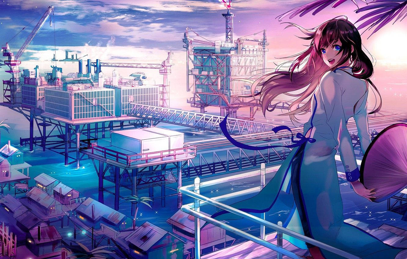 Japon Anime Şehri ve Genç Kız Duvar Kağıdı