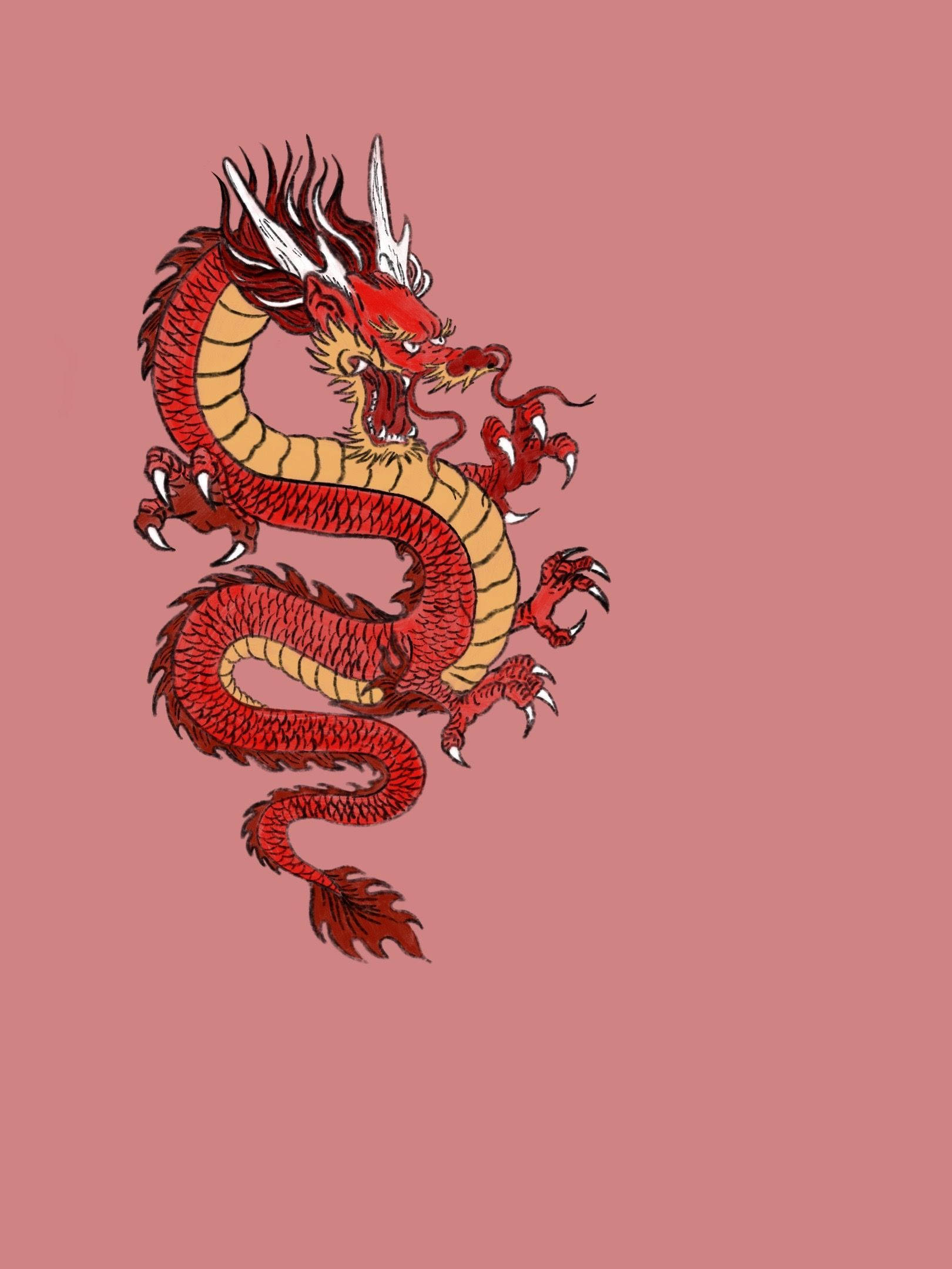 Japon Ejderha Sanatı Kırmızı Boynuzlu Ejderha Duvar Kağıdı