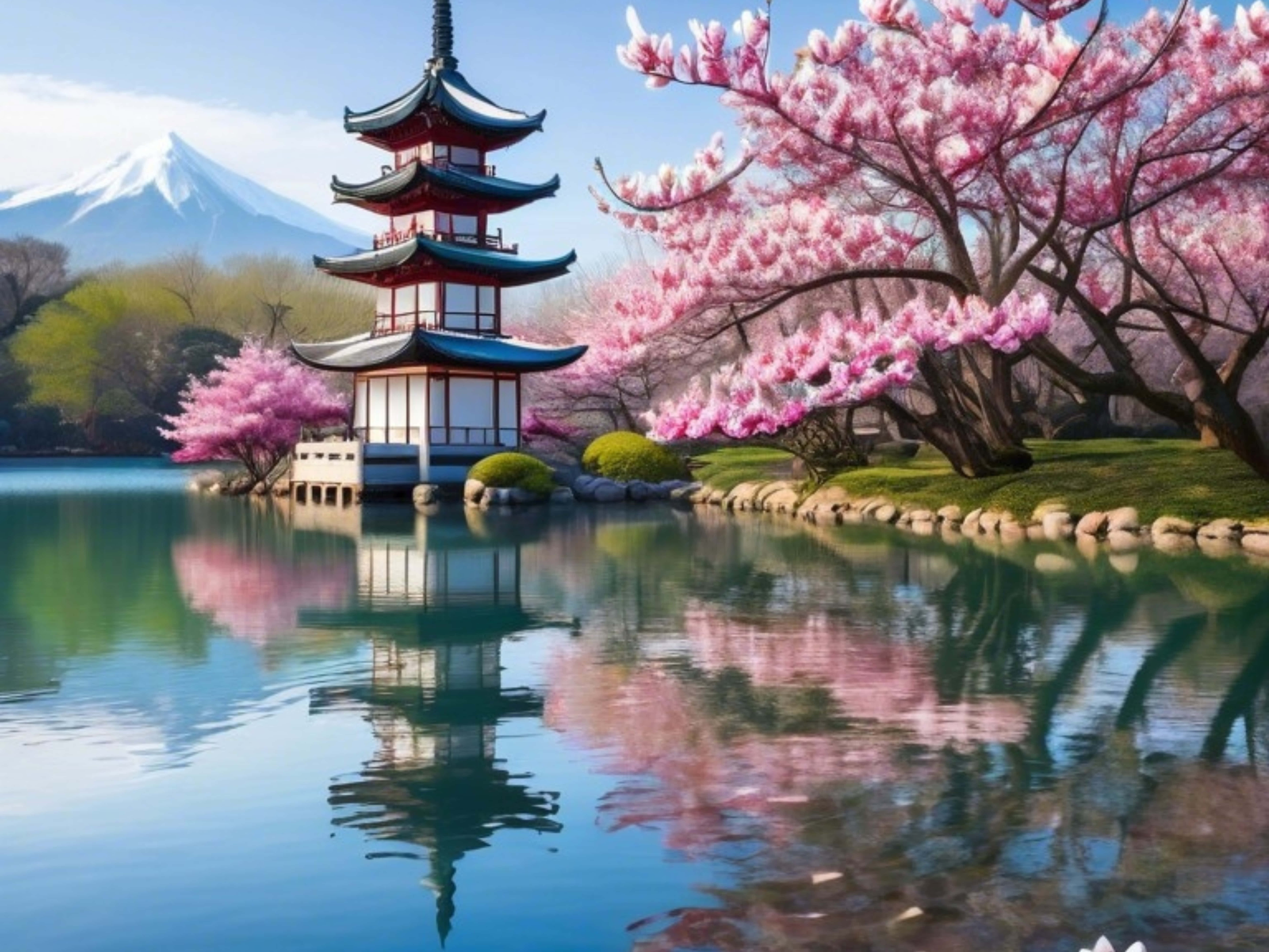 Japon manzarasında sakin bir göl, kiraz çiçeği ağaçları, bir tapınak ve dağlar. Duvar Kağıdı