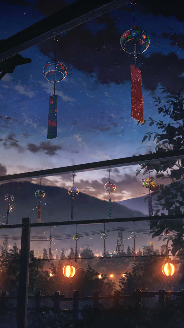 Japon Rüzgar Çanları Gece Anime Manzarası Duvar Kağıdı