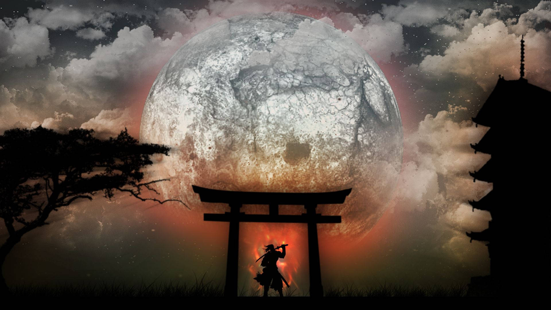 Japon Samuray Ay Torii Duvar Kağıdı