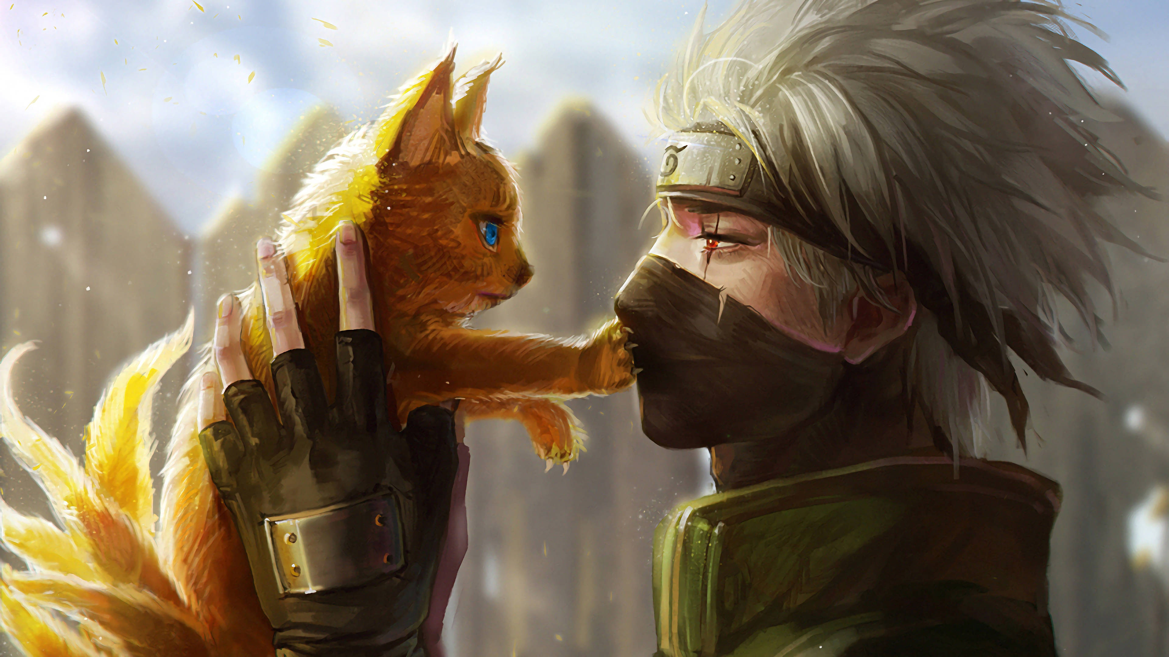 Kakashi 4K Dokuz Kuyruklu Kedi Tutarken Duvar Kağıdı