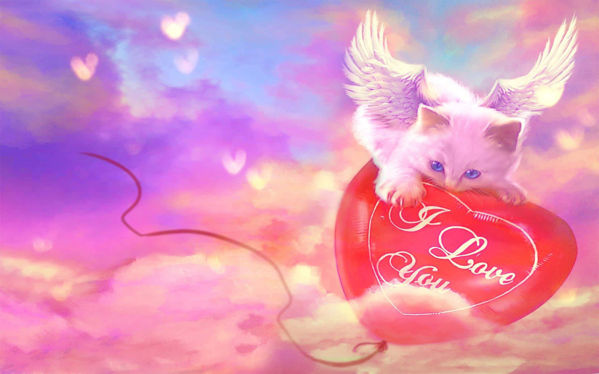 kanatlı bir kedi, kalp şeklinde bir balonun üzerinde uçuyor Duvar Kağıdı