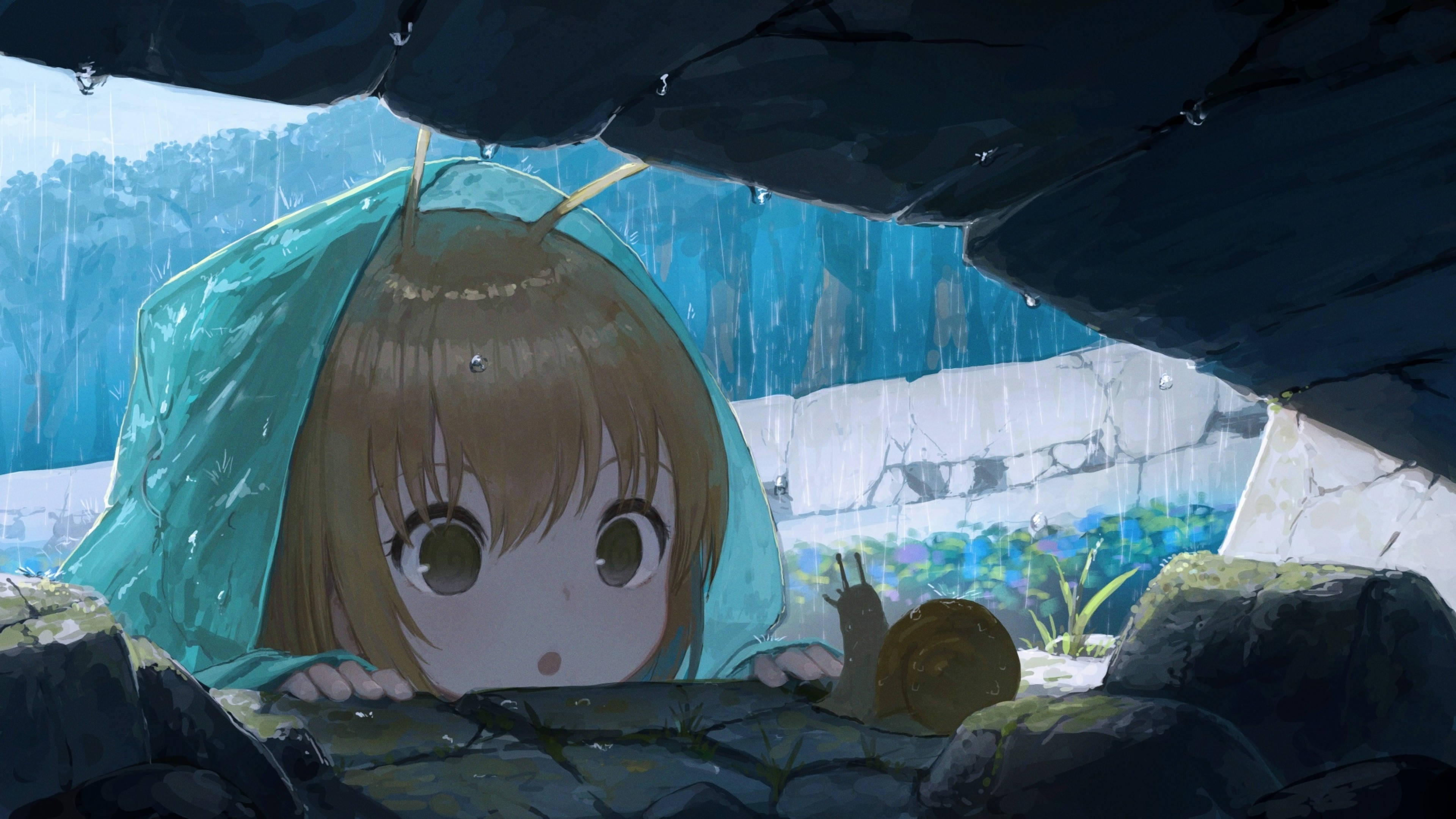 Kapüşonlu Anime Kızı ve Salyangoz Duvar Kağıdı
