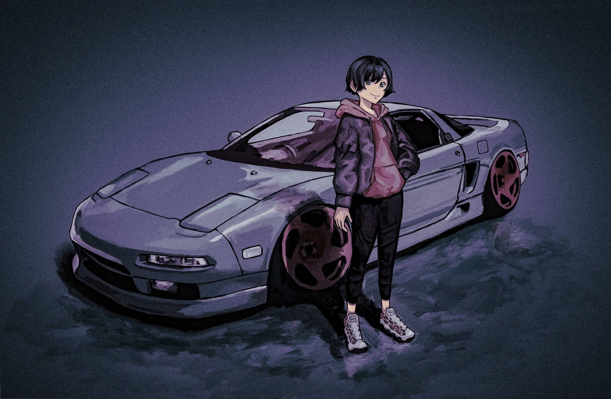 Kapüşonlu Kız Arabanın Yanında Anime Duvar Kağıdı