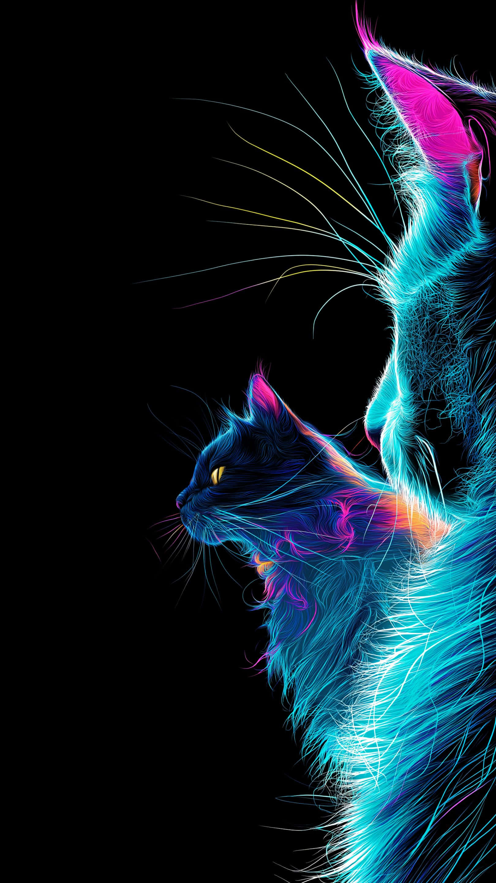 Karanlık bir zeminde canlı neon kedi parıltısı, iki mistik kediyi sergiliyor Duvar Kağıdı