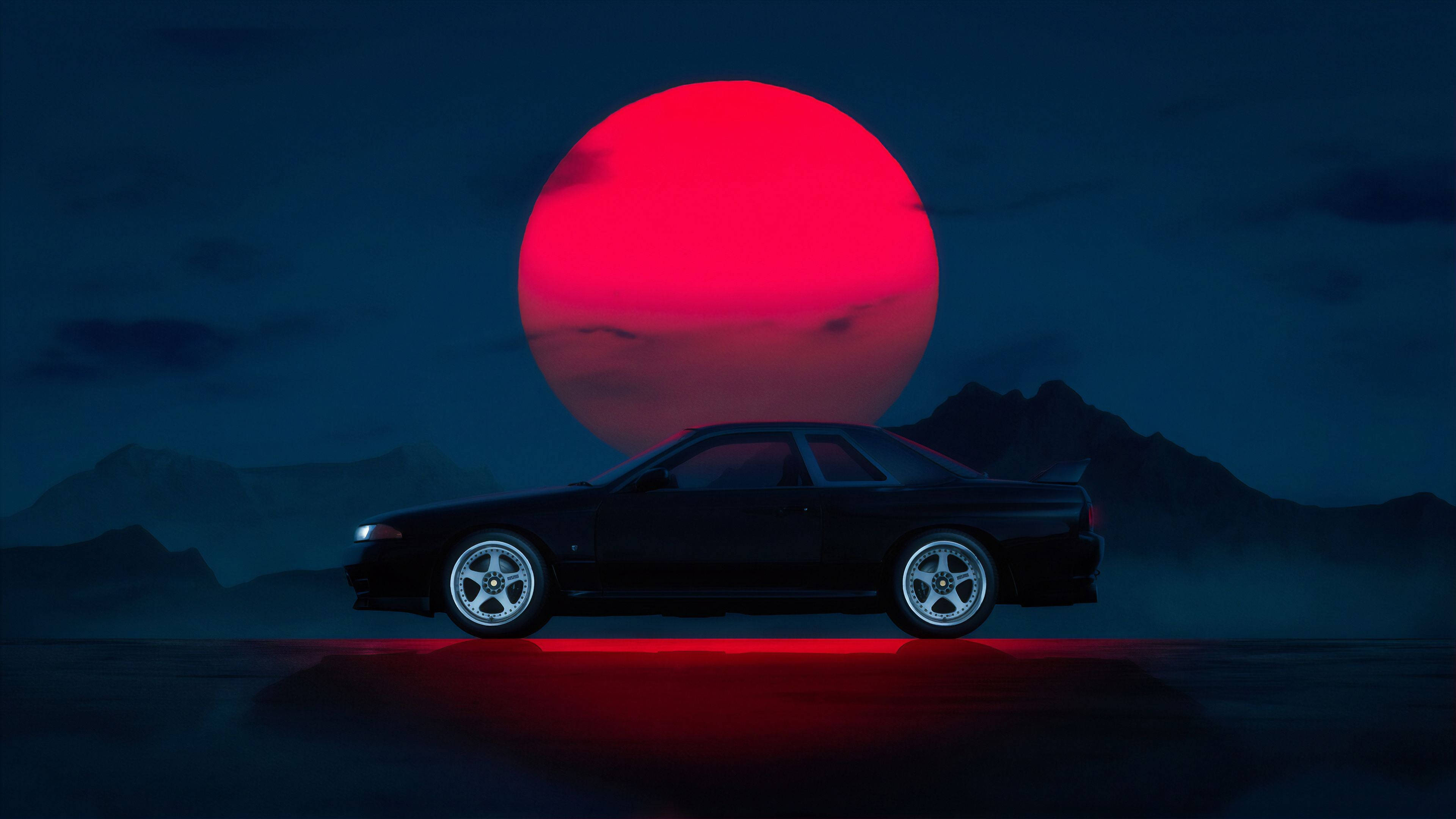 Karanlık JDM Araba ve Kırmızı Güneş Duvar Kağıdı