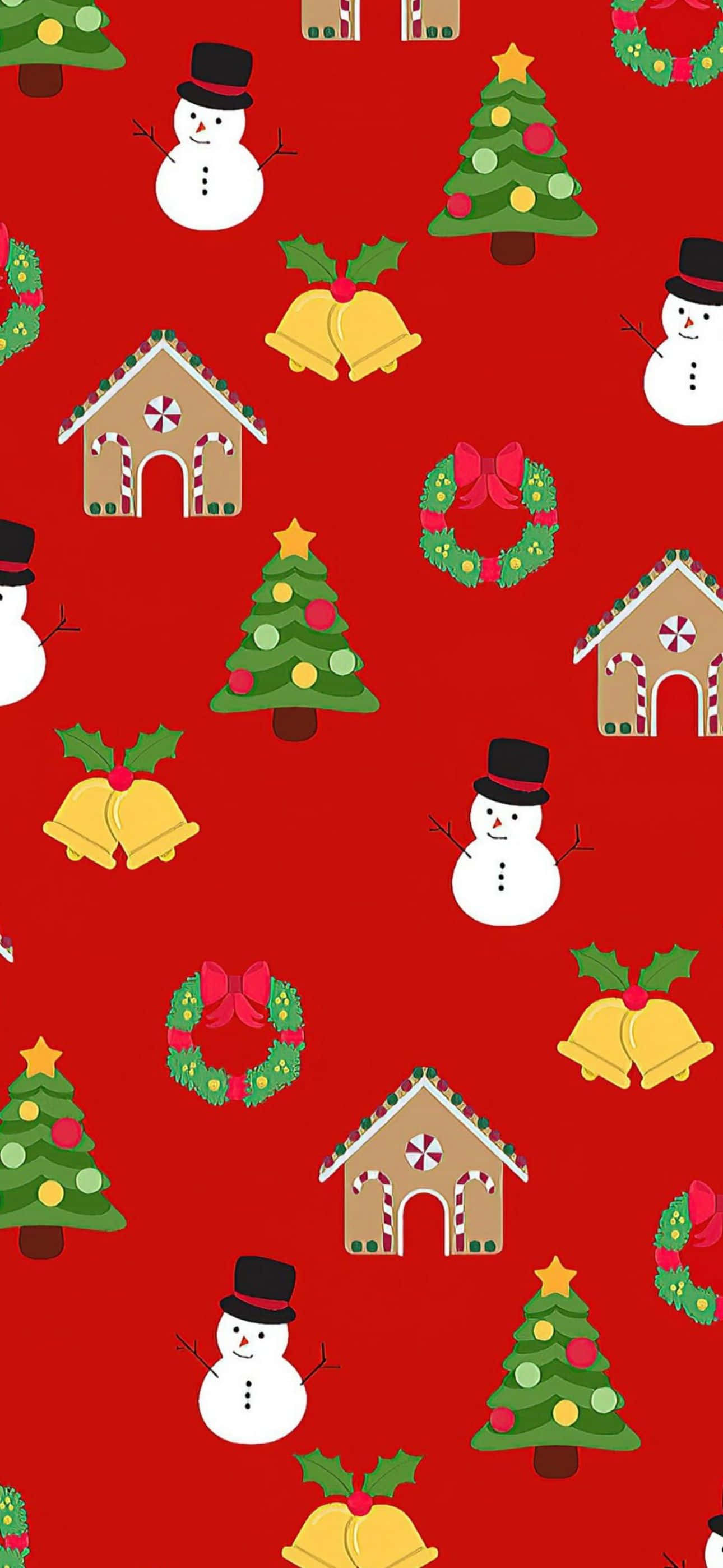 kardan adamlar ve Noel ağaçlarıyla kırmızı bir Noel deseni Duvar Kağıdı