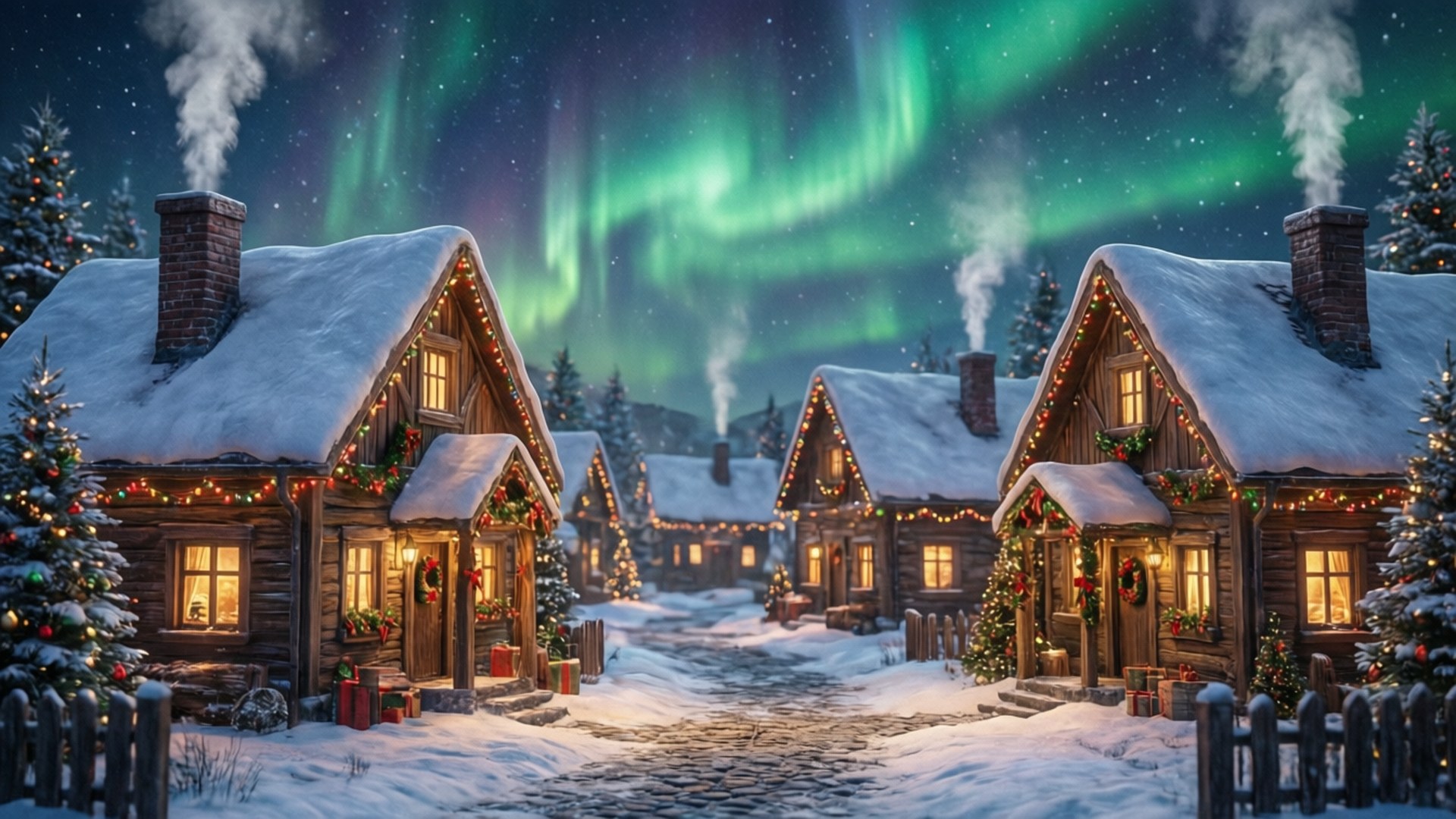Karlı Köy Yeşil Noel Duvar Kağıdı