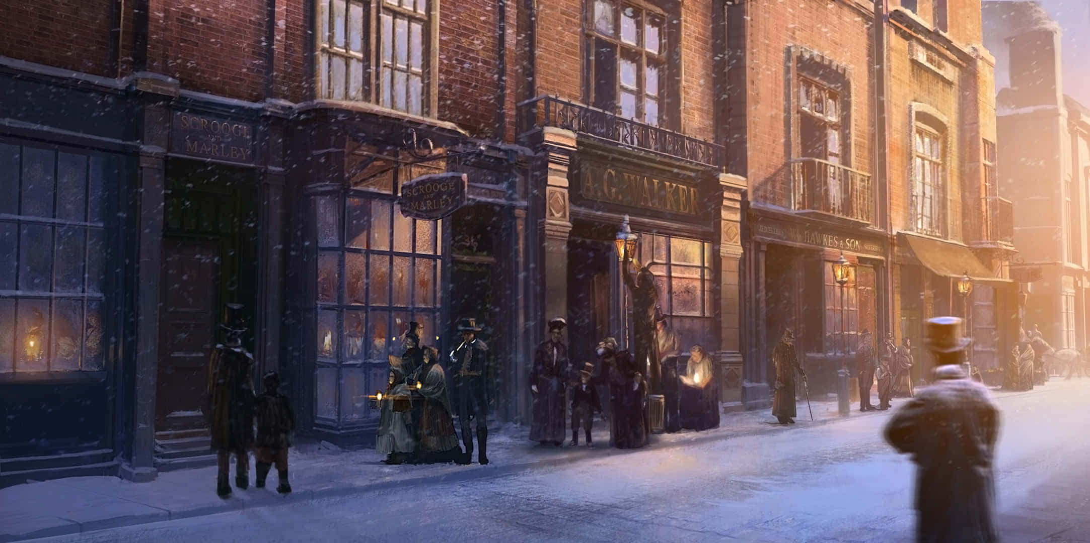 karlı bir sokakta yürüyen insanların resmedildiği bir tablo Duvar Kağıdı