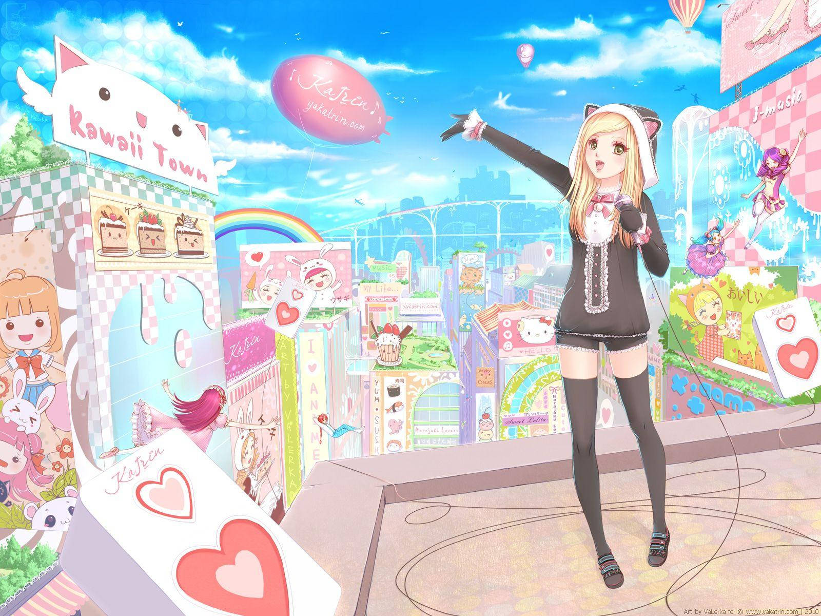 Kawaii Anime Kızı Şirin Dükkanlarla Çevrili Duvar Kağıdı