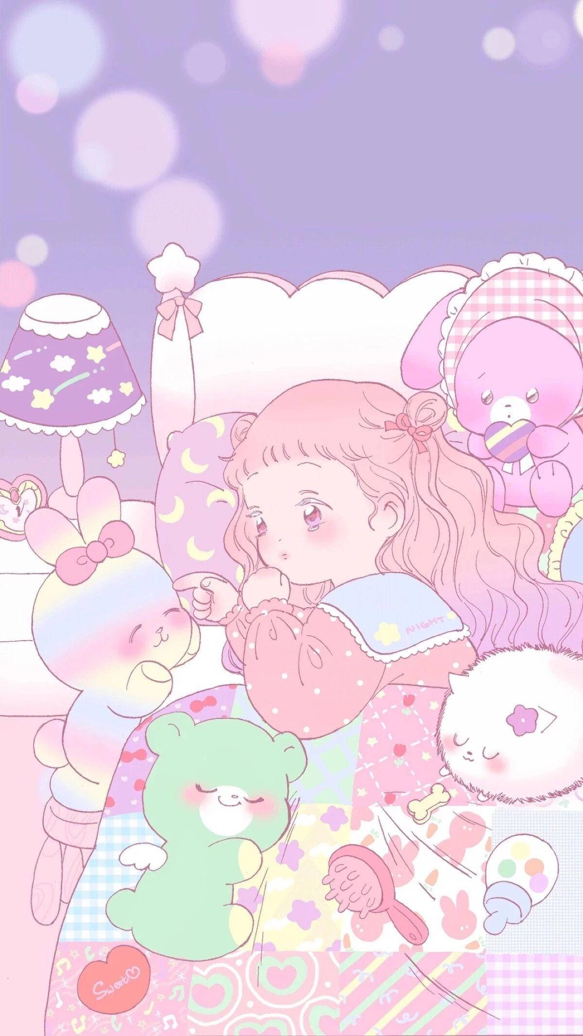 Kawaii Anime Kızı Yatakta Peluş Oyuncaklarla Duvar Kağıdı