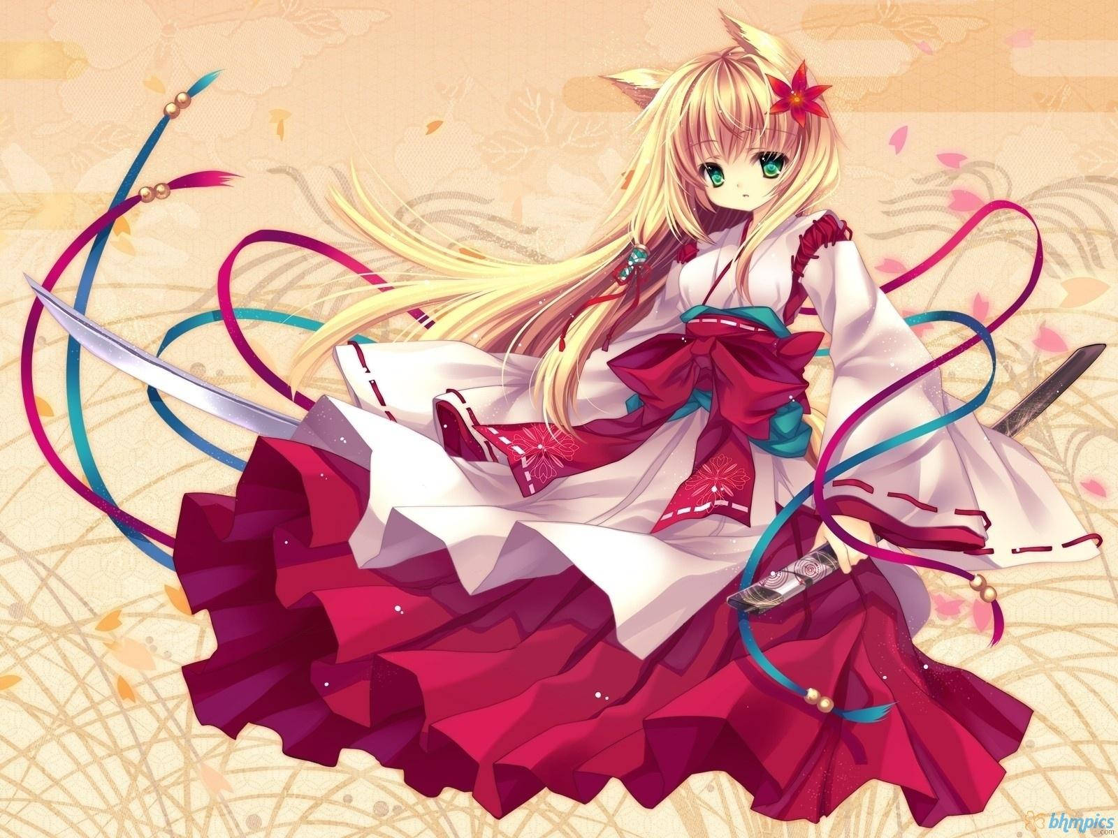 Kawaii Anime Kızı Kedi Kulakları ve Kimono ile Duvar Kağıdı