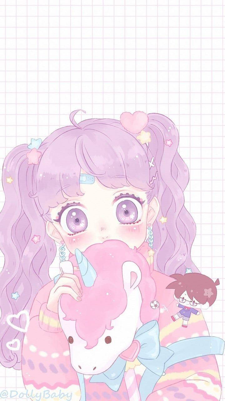 Kawaii Anime Kızı Unicorn Oyuncakla Duvar Kağıdı