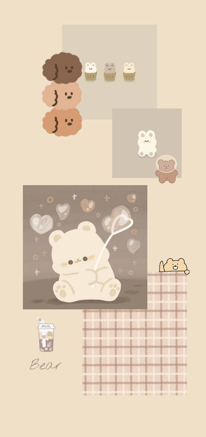Kawaii Ayıcıklar Bej Estetiği duvar kağıdı