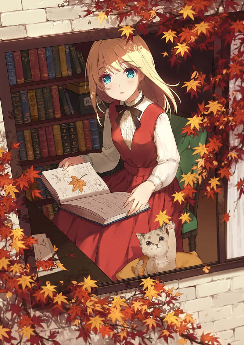 Kedili ve Akçaağaç Yapraklı Sonbahar Anime Kızı Duvar Kağıdı