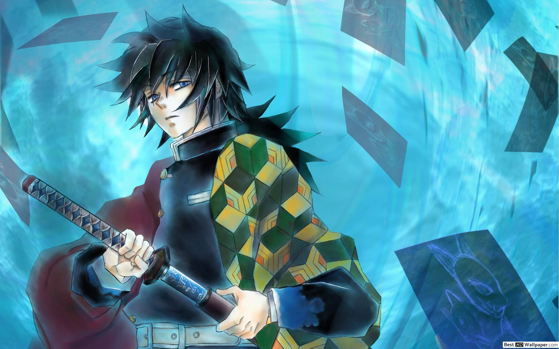 Kılıcını çeken Su Hashira'sı Giyu Tomioka'yı gösteren Demon Slayer duvar kağıdı