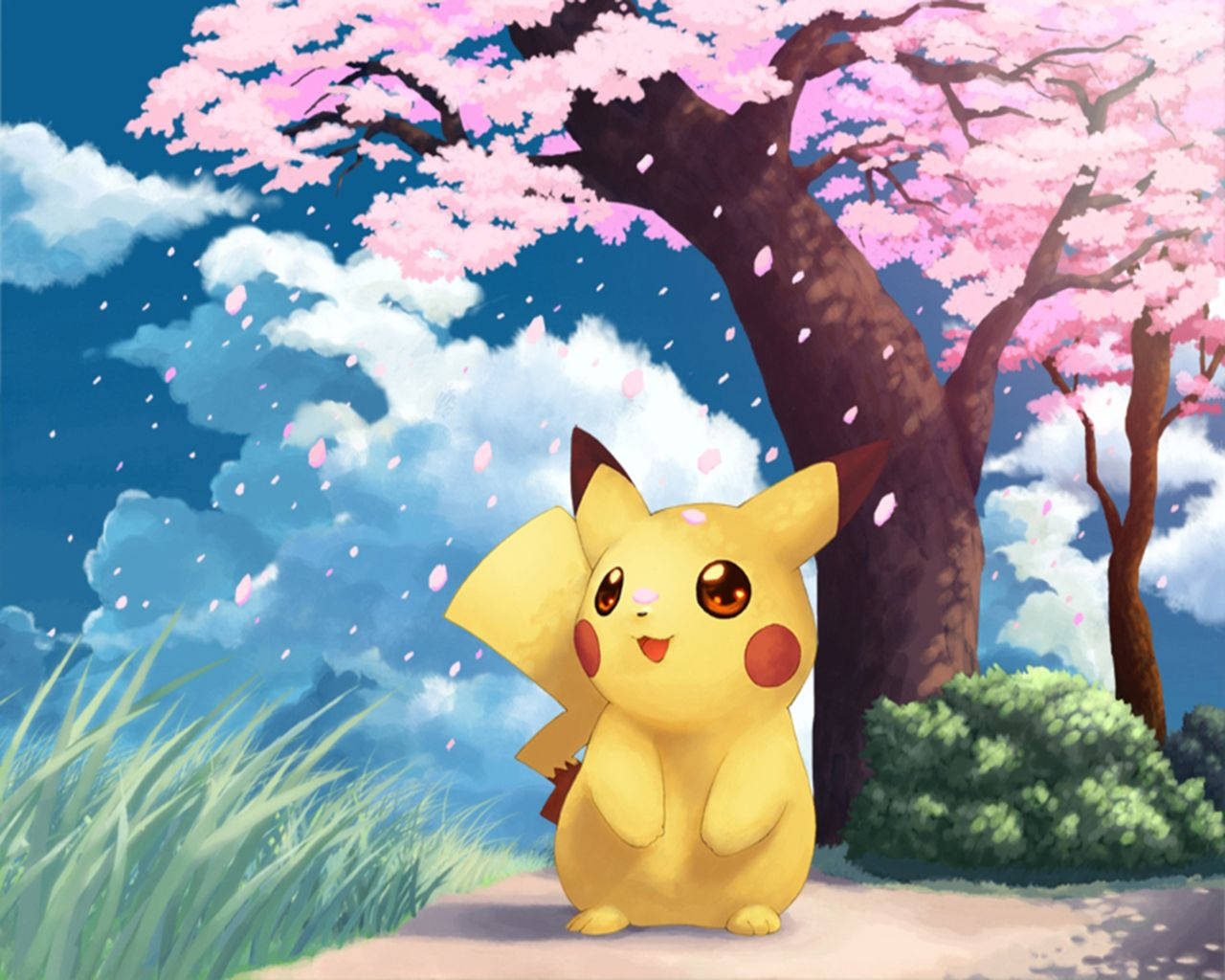 Kiraz çiçekleri arasında Pikachu. Duvar Kağıdı