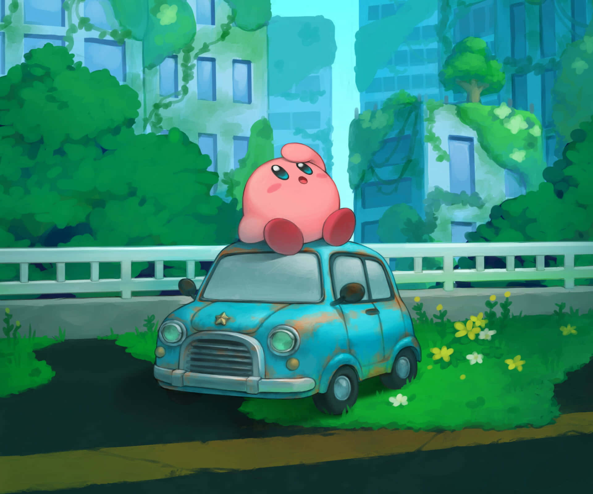 Kirby pembe gökyüzünde bulutların arasında süzülüyor Duvar Kağıdı