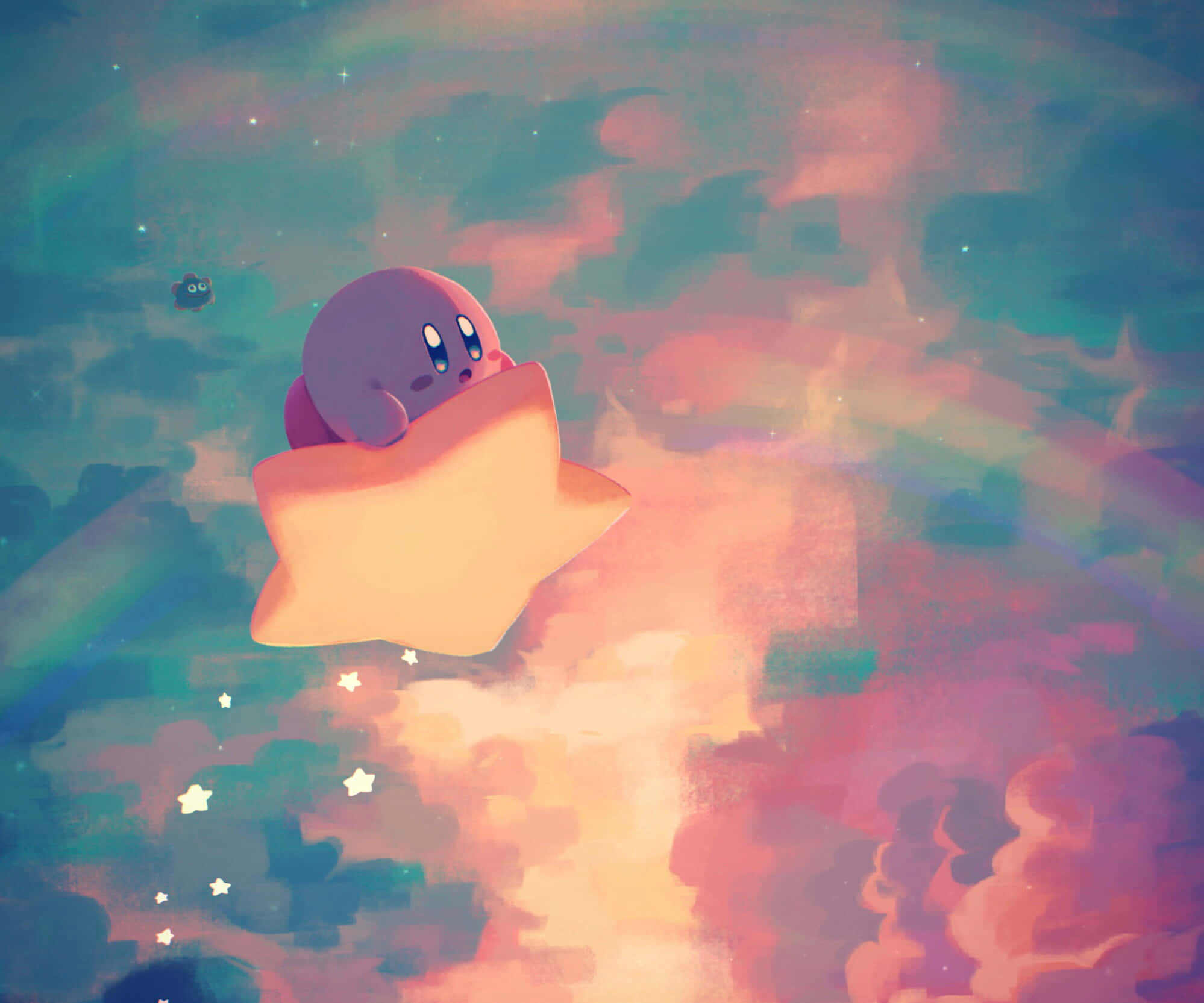 Kirby, rengarenk ve canlı gökyüzünde süzülüyor. Duvar Kağıdı