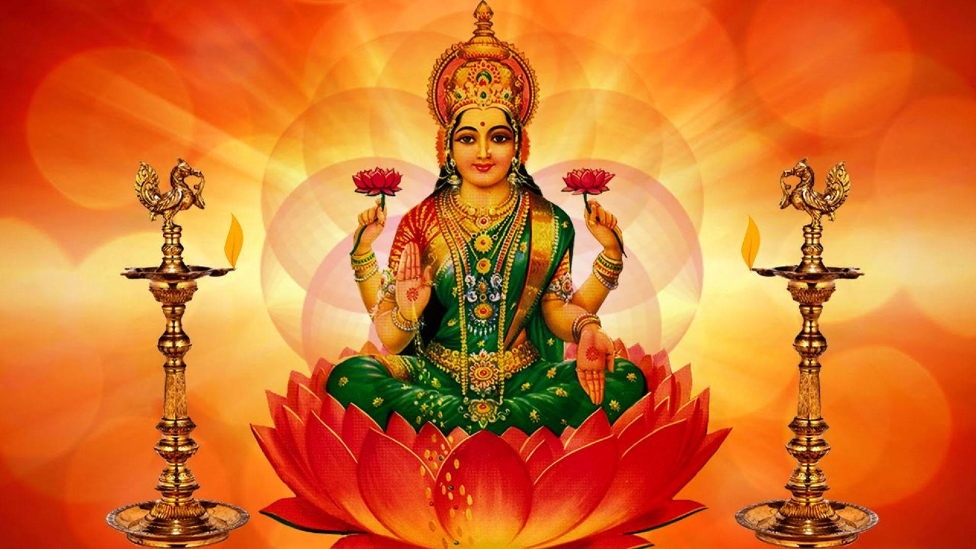 Kırmızı Turuncu Lotus Lakshmi Duvar Kağıdı