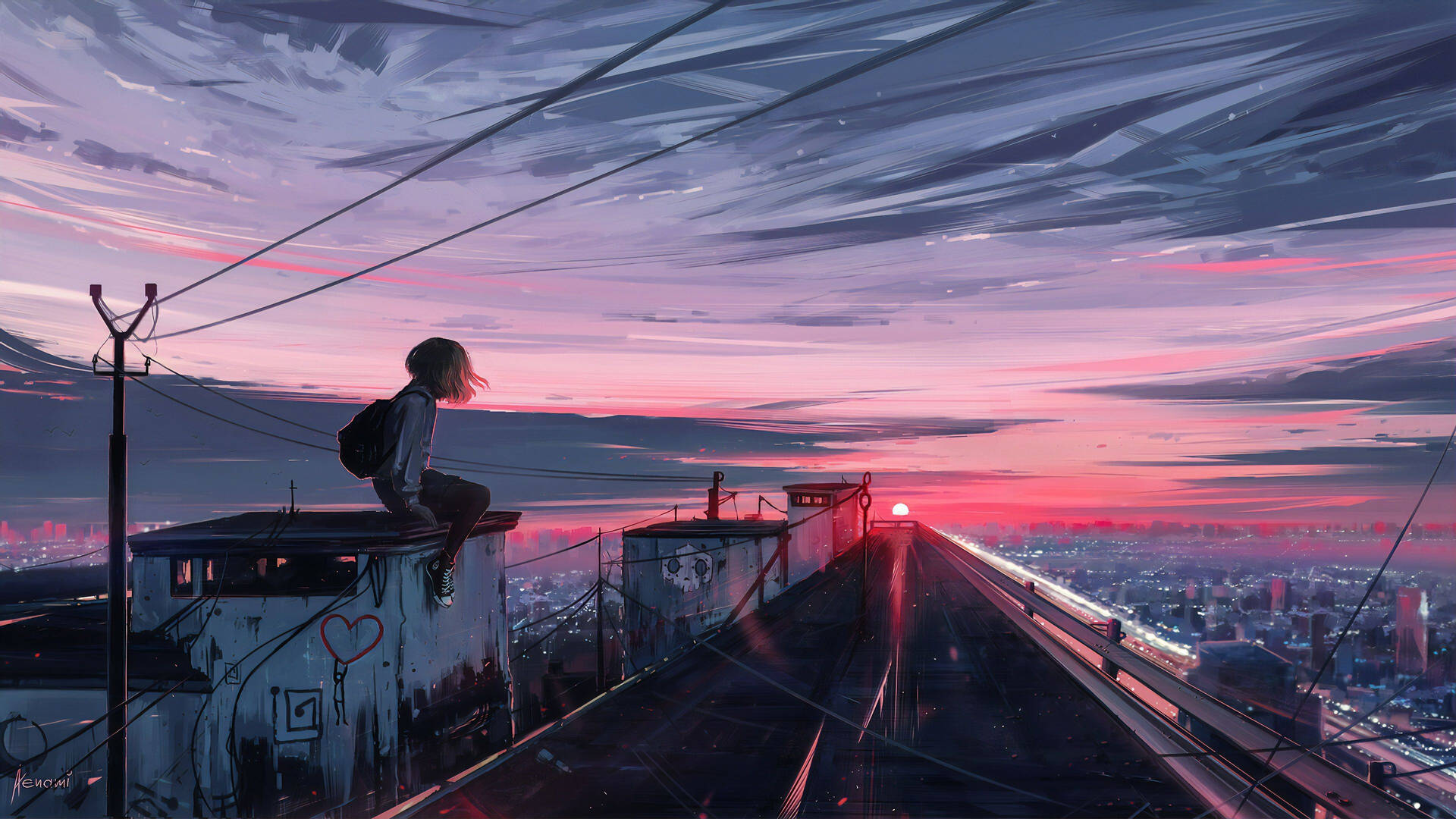 Kız Çatıda Anime Estetik Gün Batımı — Anime manzara GIF Duvar Kağıdı