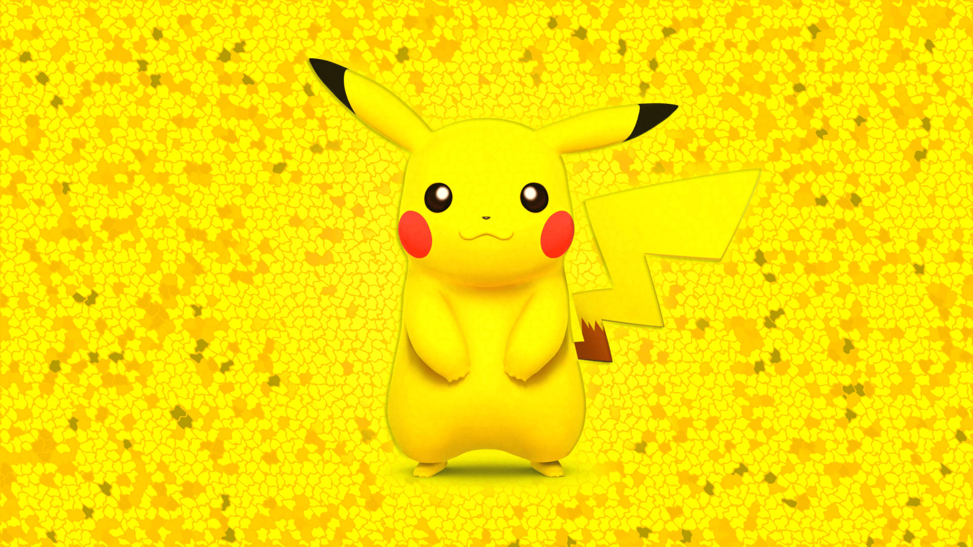 Sarı kolaj pullarından oluşan bir fon önünde Pikachu duvar kağıdı.