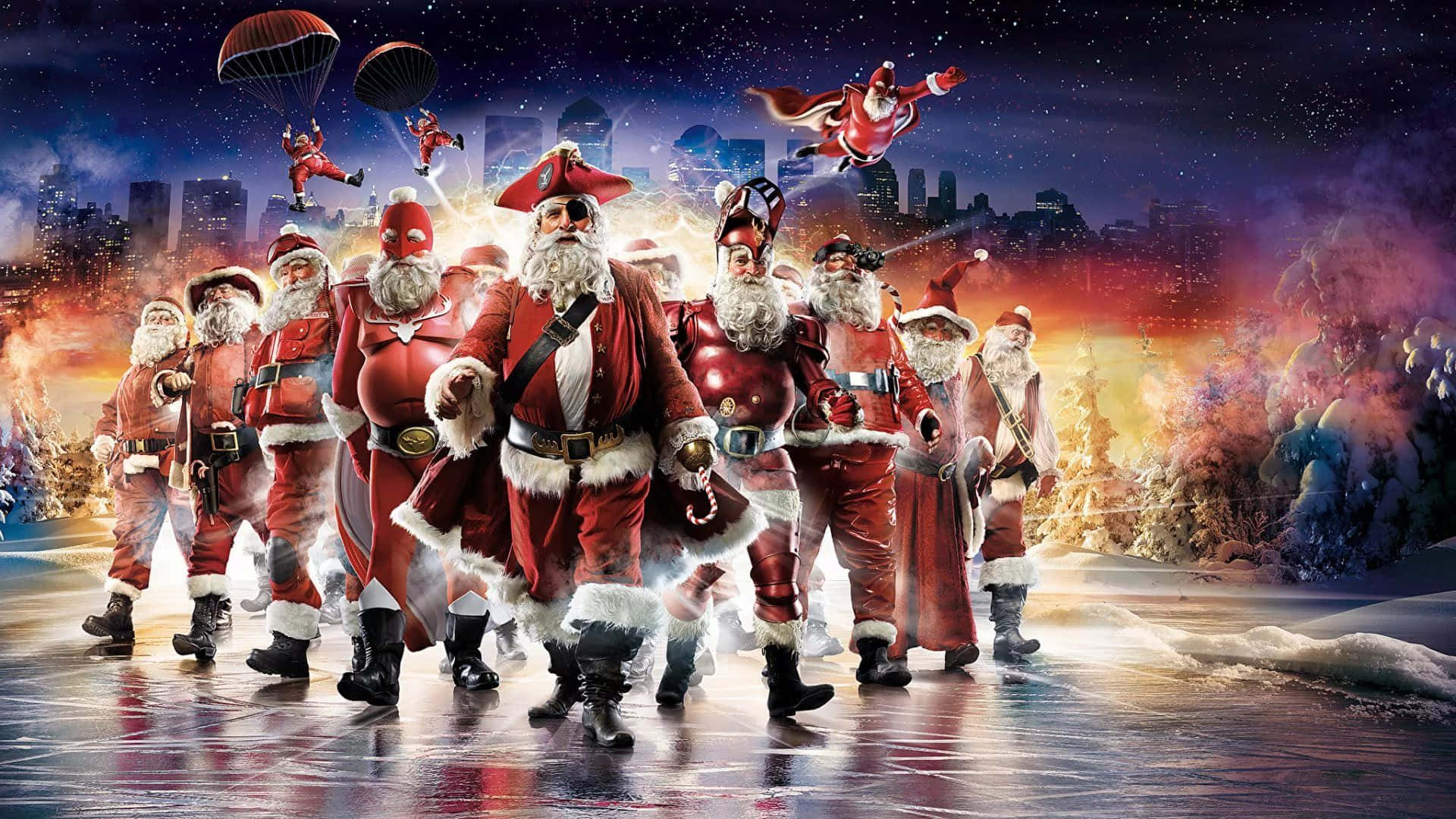 Komik Noel Baba'nın karlı bir günde ren geyiğine binmesi Duvar Kağıdı