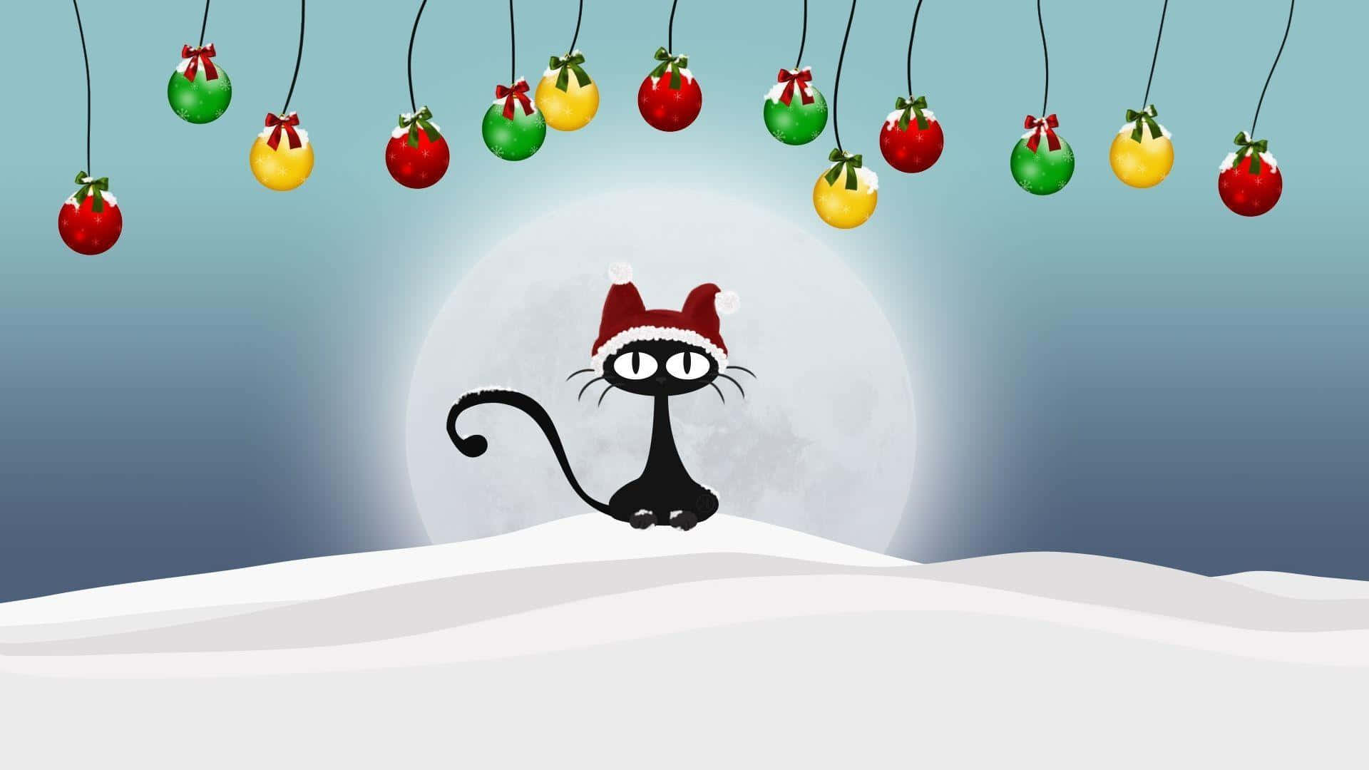Komik Noel Zoom Arka Planı Siyah Karikatür Kedi Duvar Kağıdı