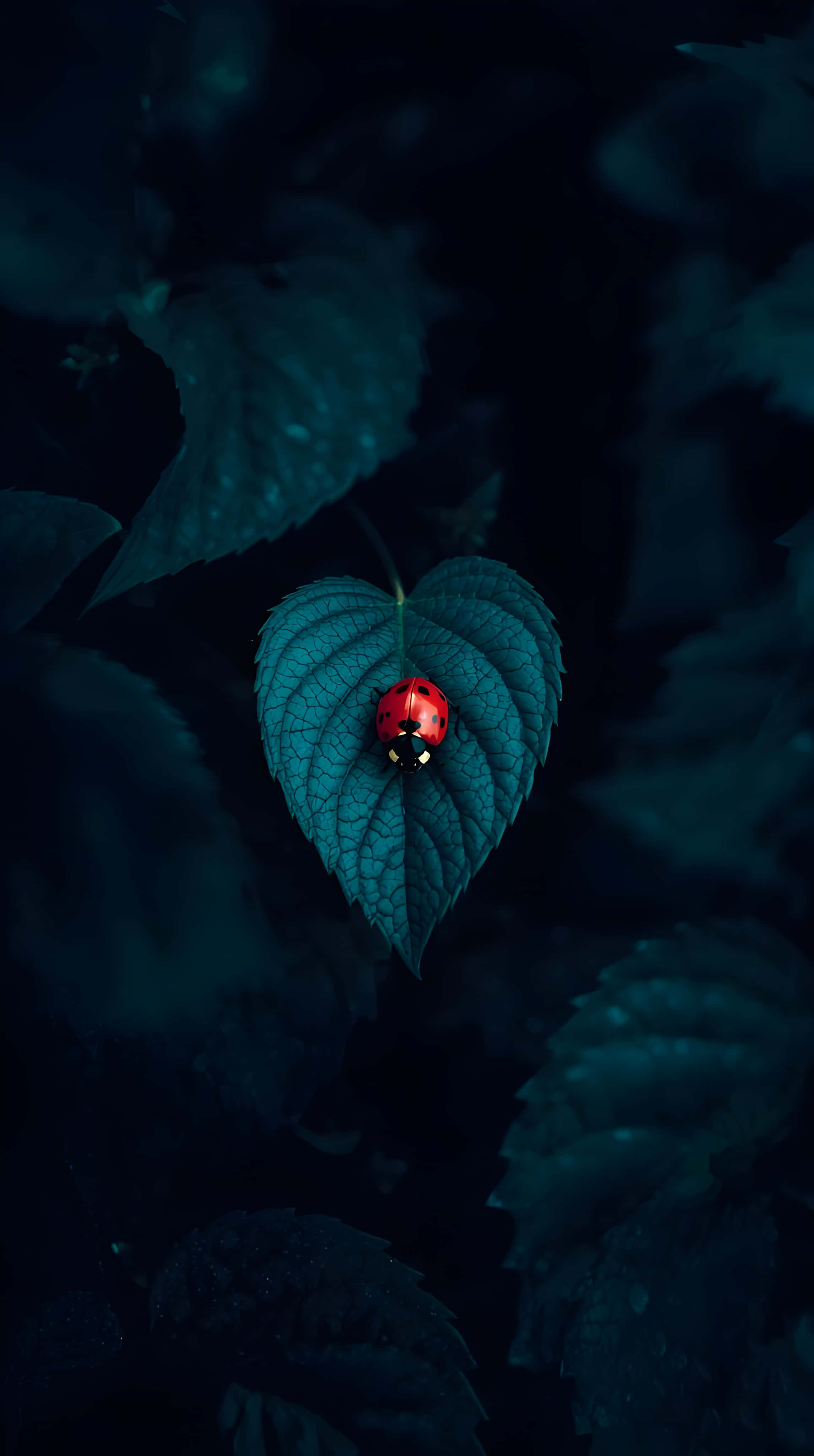 Koyu Teal Yaprak Üzerinde Uğur Böceği Duvar Kağıdı