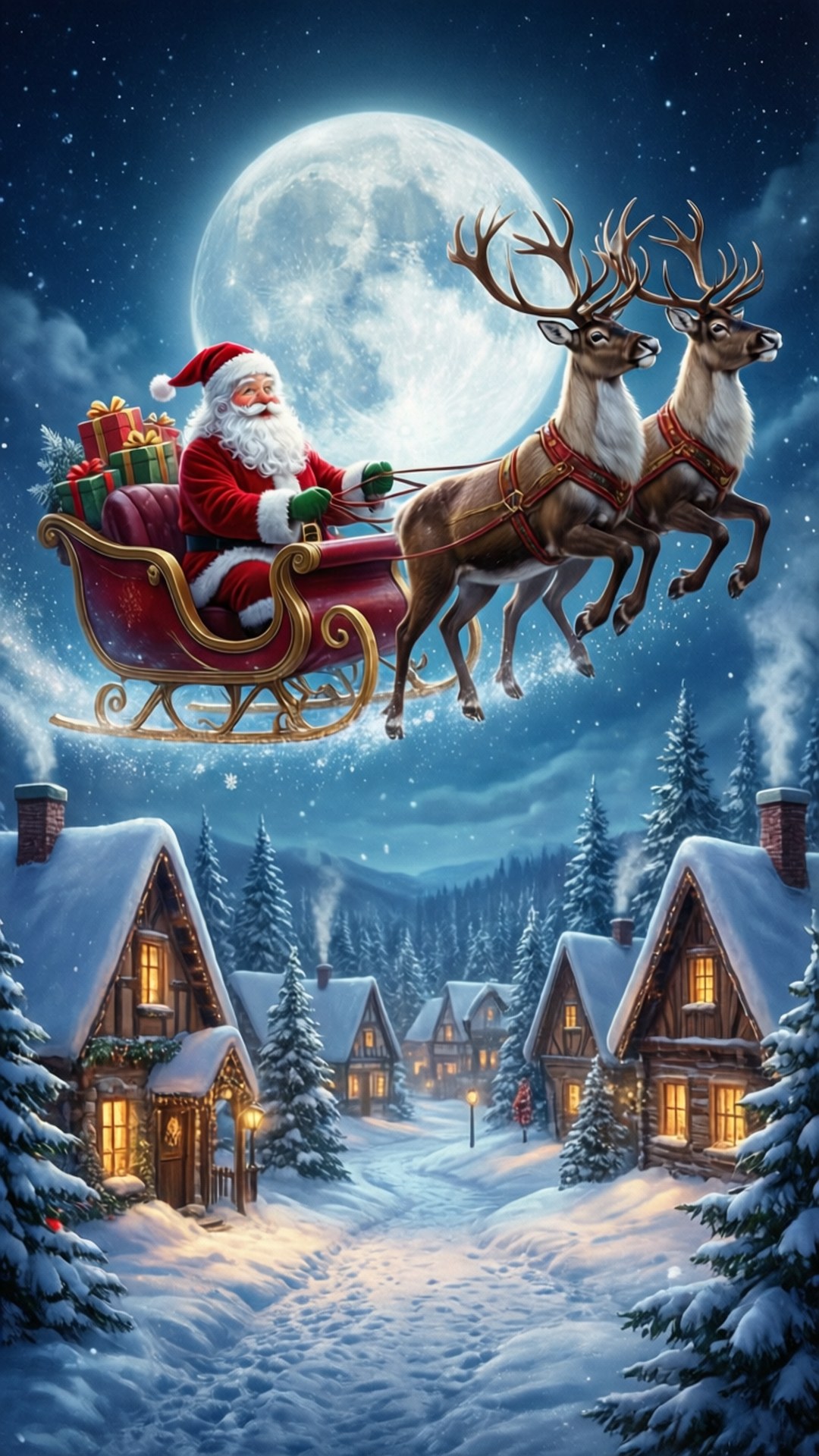 Köyün Üzerinde Uçan Noel Baba Duvar Kağıdı