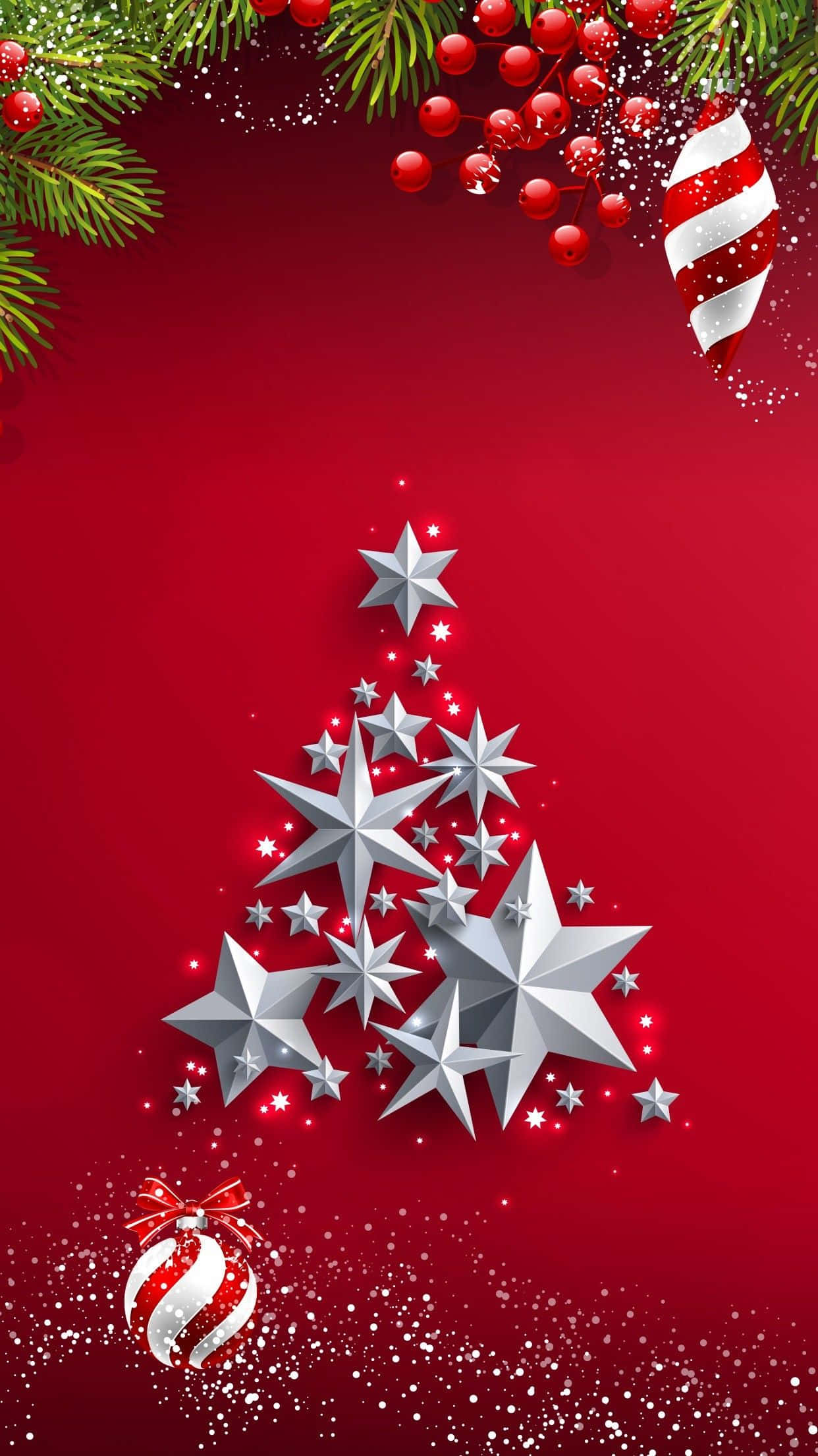 kırmızı arka planda yıldızlı noel ağacı Duvar Kağıdı