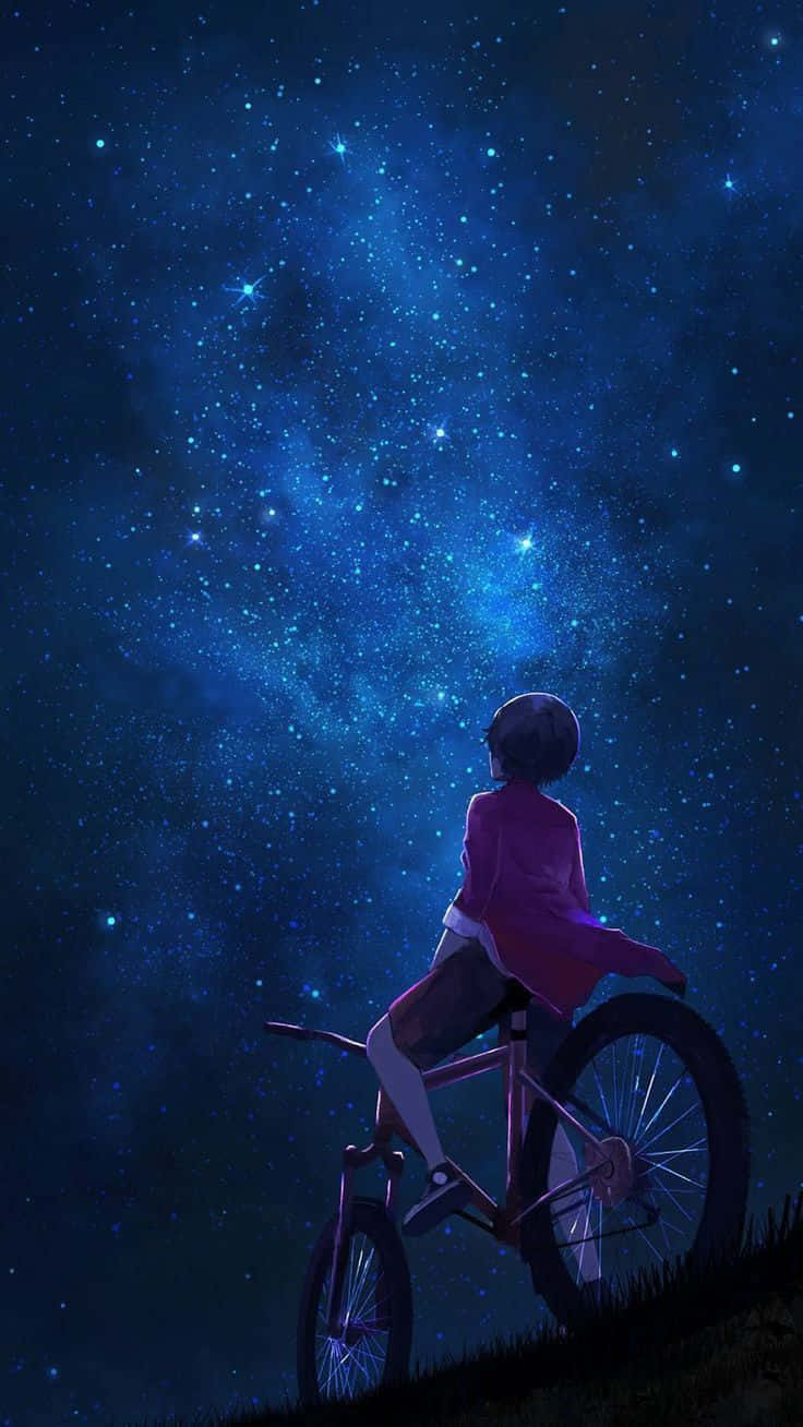 Kırmızı Bisikletli Adam Gece Anime Gökyüzüne Bakıyor Duvar Kağıdı