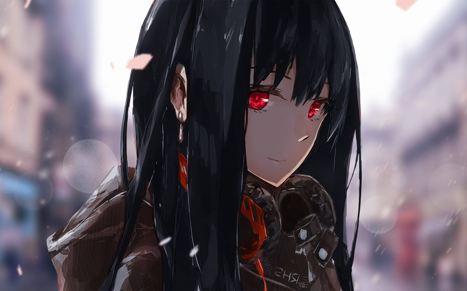 Kırmızı Gözlü Kapüşonlu Anime Kızı Duvar Kağıdı