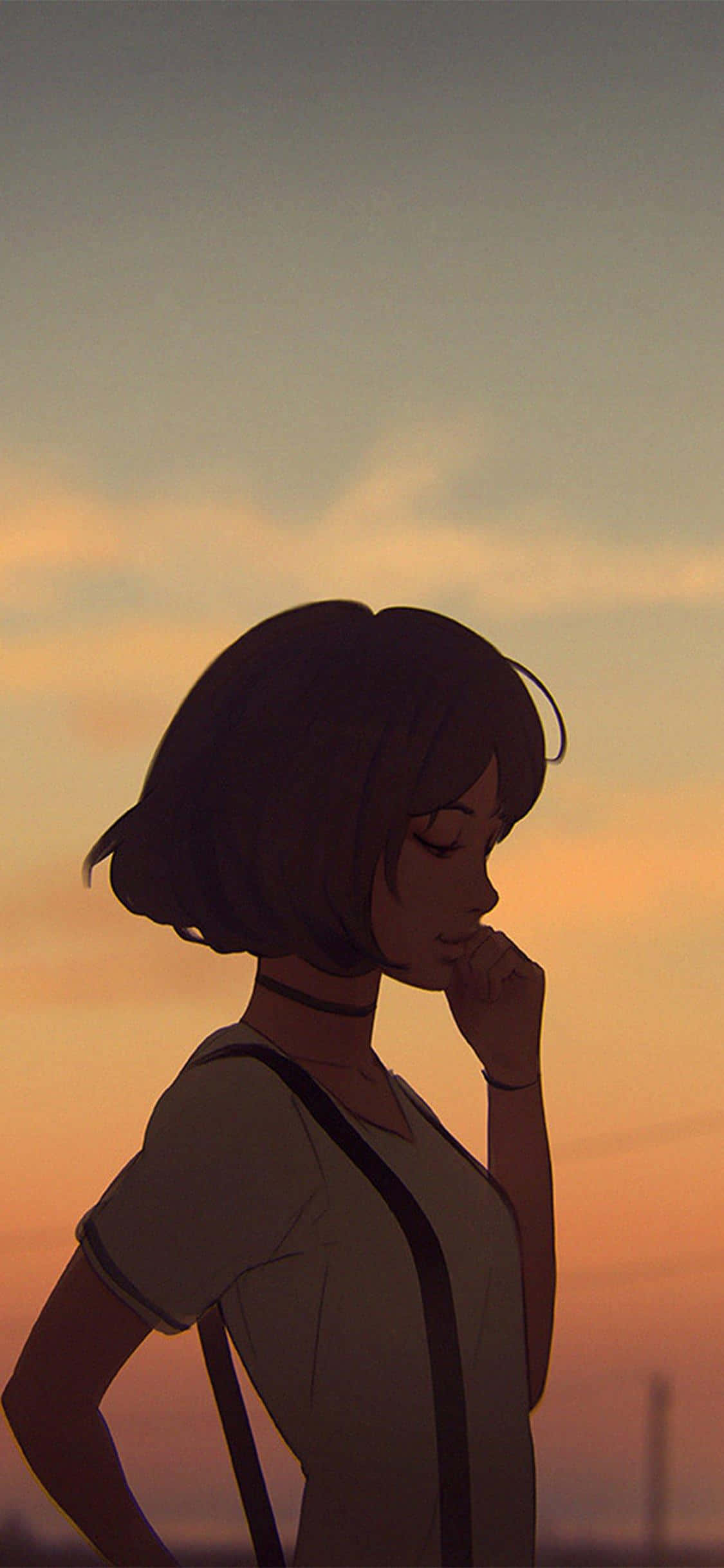 Kısa Saçlı Koreli Anime Kızı Gün Batımı Silüeti Duvar Kağıdı