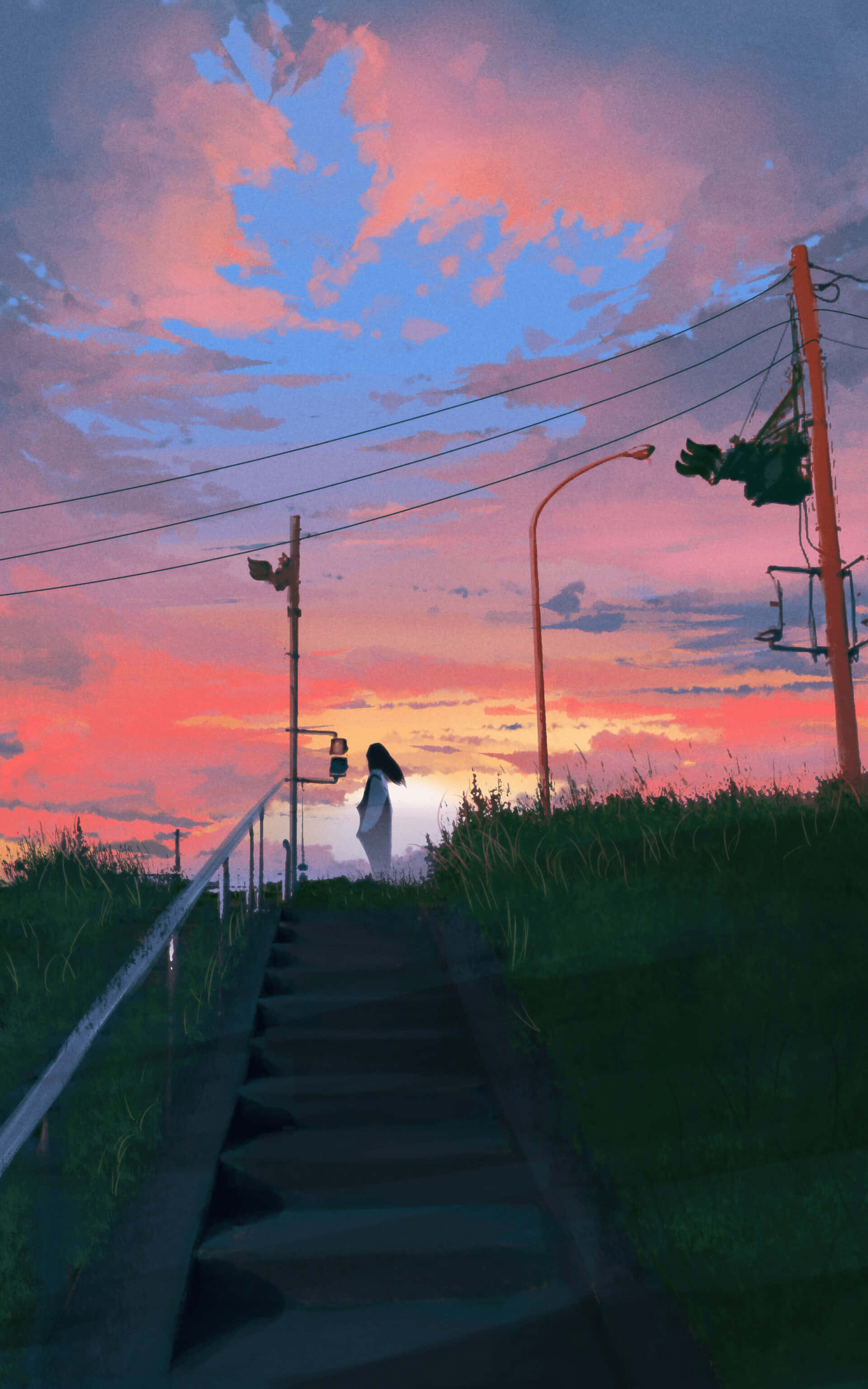Kız Anime Gün Batımı Sanat Portresi Duvar Kağıdı