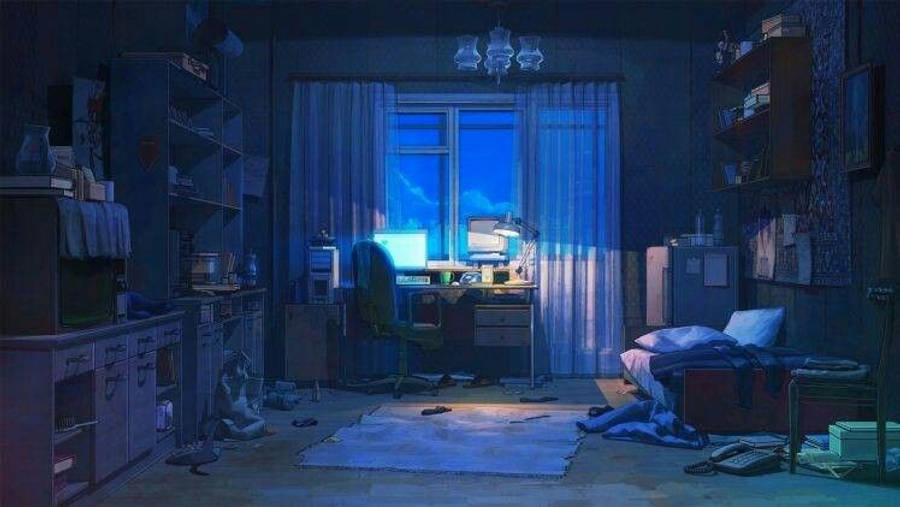 Loş Anime Odası ve Açık Dizüstü Bilgisayar Duvar Kağıdı