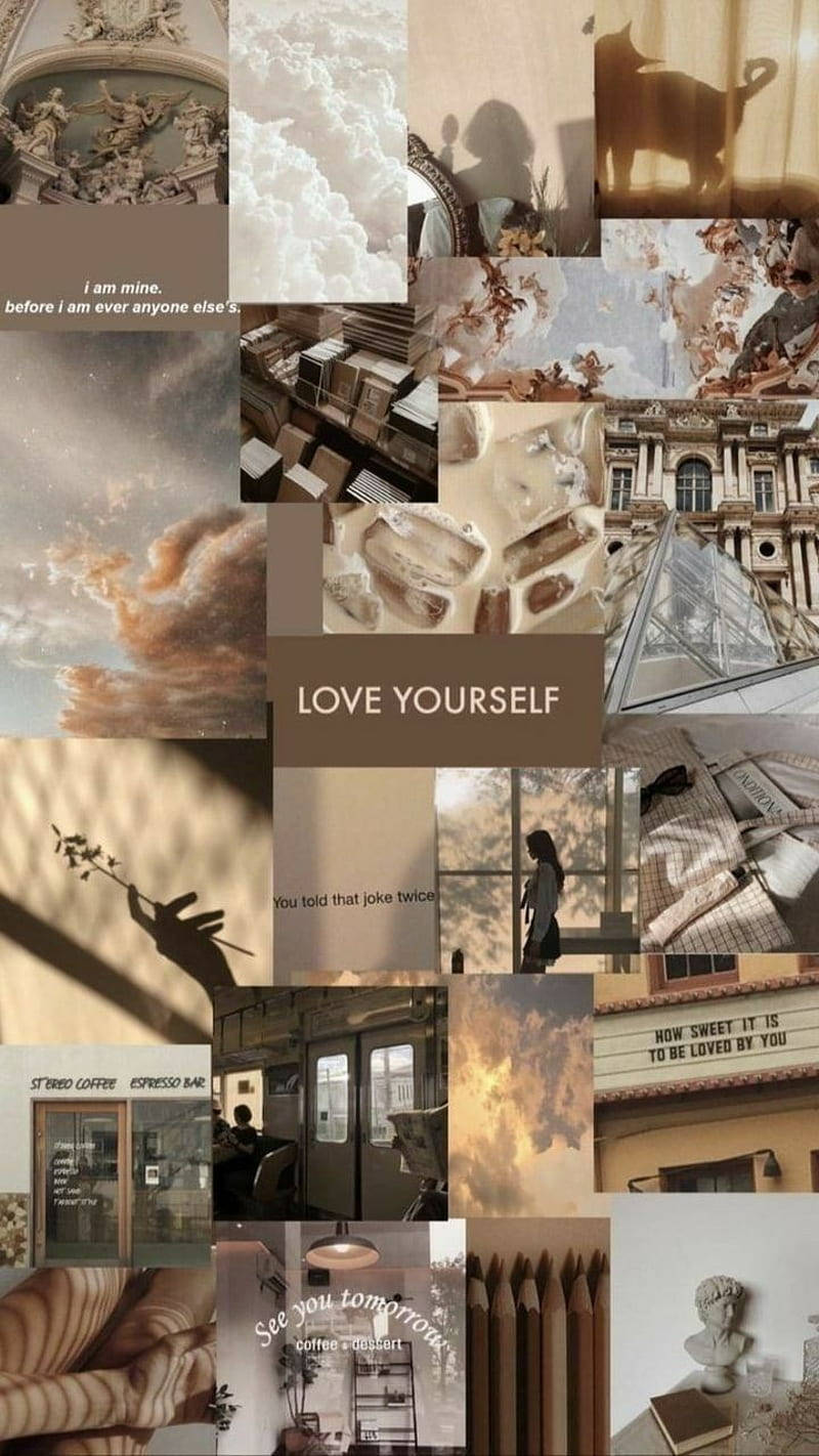 Love Yourself Beige Estetik Kolaj Duvar Kağıdı
